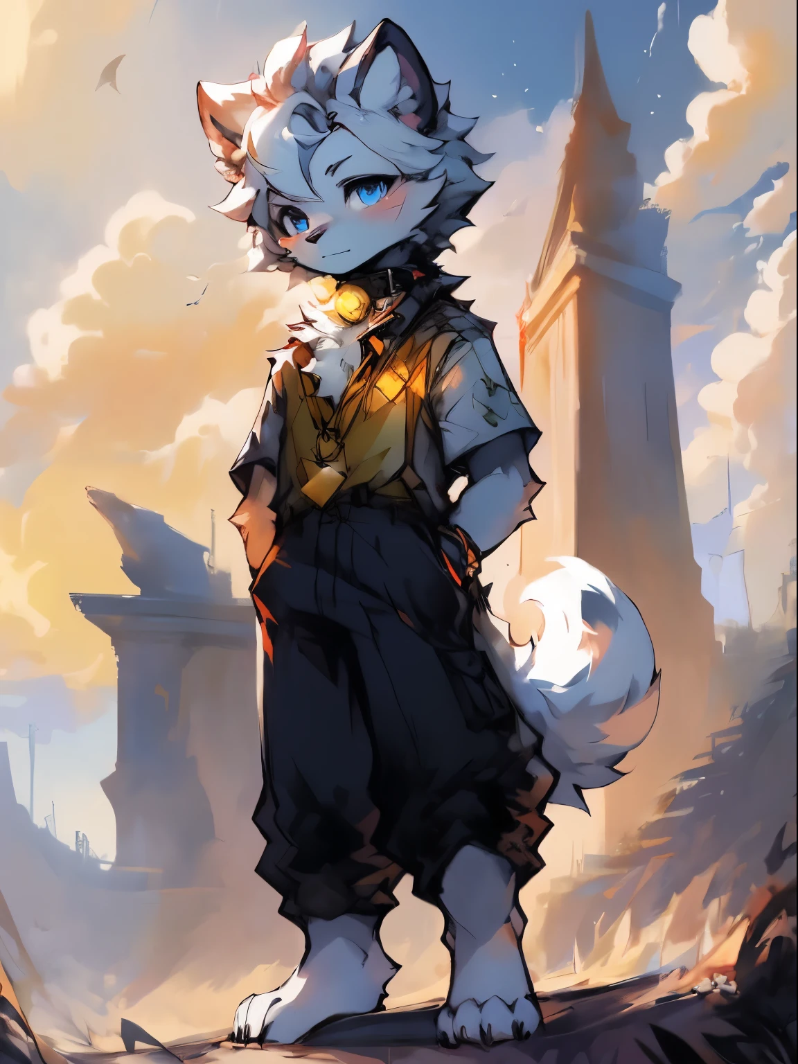 tmasterpiece, high qulity, Absurd resolution, digitial painting \ (artwork of a \), (Fluffy fur, White fur, Full Body Furry,), The Boys, eBlue eyes, White hair, shorter pants, The barefoot, eyes with brightness, in a panoramic view, Character focus. detailedbackground, clouds background, eventide, the sunset (bell, Pet collars, white short sleeve: 1.2)