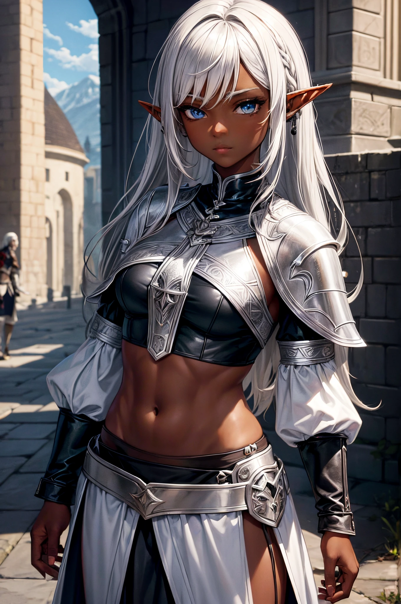 ((best quality)), ((masterpiece)), (detailed), Prize-winning works, with incredible details, maximum textures and details, uhd ,8K,super resolution ,depth of field, retina, masterpiece, anatomically correct, textured skin, super detail, high details, highres ,1 dark skinned girl black dark skinned warrior ,beautiful face, stop at an adventurers guild, White hair, developing long hair, White hair liso,((she has dark skin)) she wears heavy armor , gauntlets and gloves , dressed in full armor , pants ,longCap ,fully body, ((fully dressed)) ,hyper detailed piercing eyes , (15 year old young man :1.1,detailedeyes, face detailed, whole body:1.1,the background is an adventurers guild ),(best qualityer:1.2,ultra detali:1.1,realisitic:1.37) ,eyeshadows,sharp focus,swirly vibrant colors,)