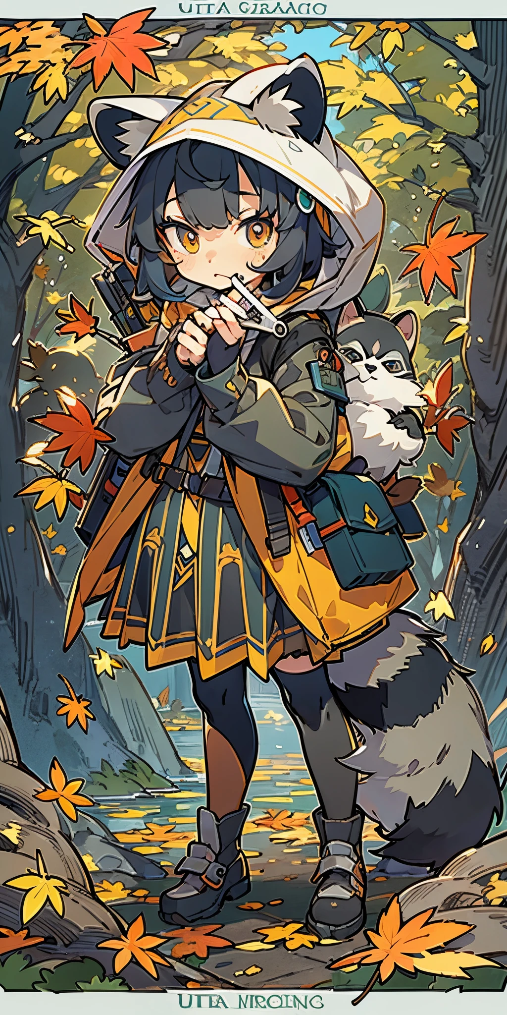 (best quality), (masterpiece), (ultra detailed), tarot, raccoon, raccoon girl, small raccoon tail, 1 girl, holding small crossbow, autumn, wearing hoodie, scared face, maple leaves, autumn trees