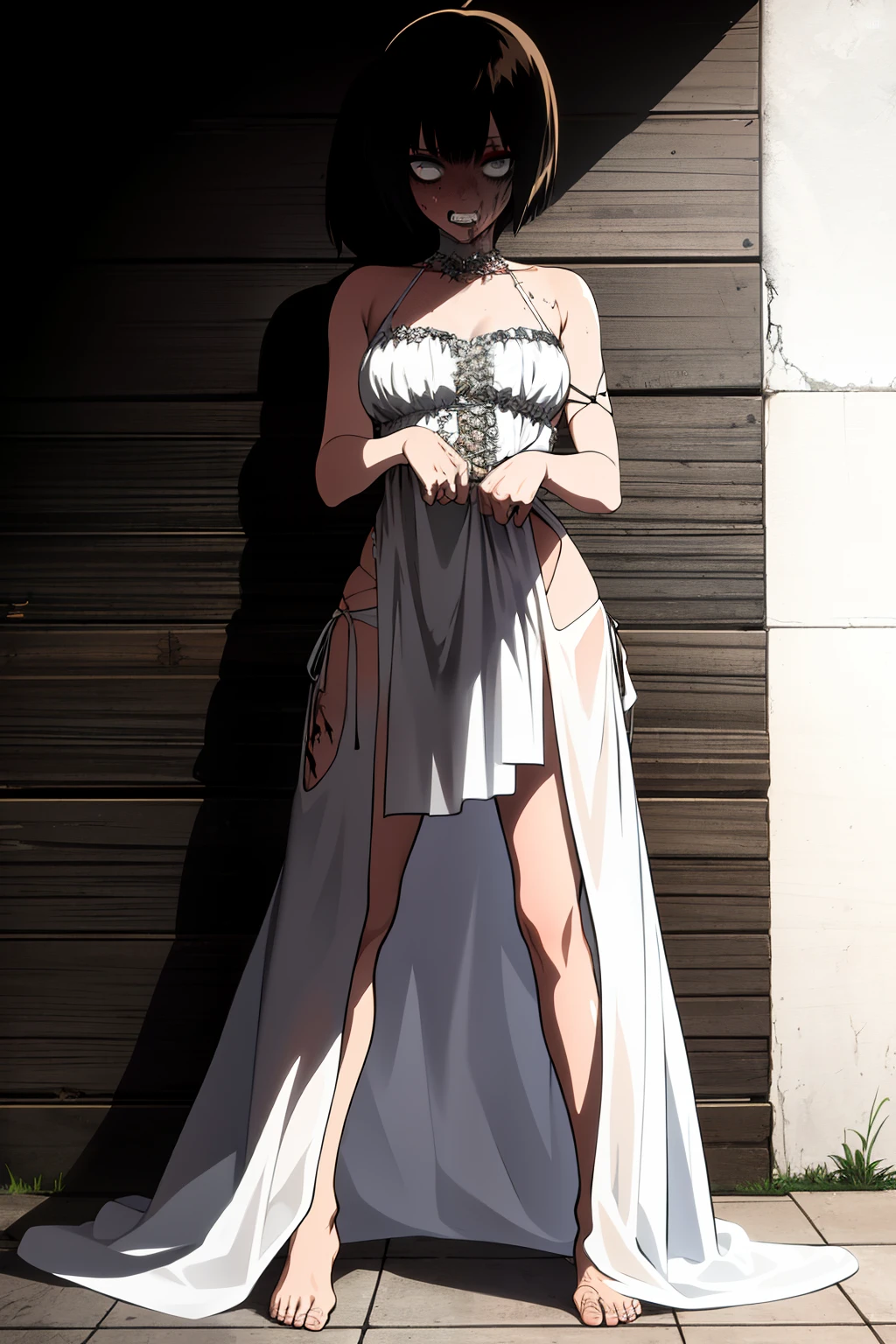 , Zombie , Zombie girl , short hair , Torn long dress , Zombie girl , full body , zombie , Long torn white dress , Long and wide dress , At night , Torn dress , Zombie features , sexy body , sexy , She is standing upright in front of the viewer, with her hands lowered