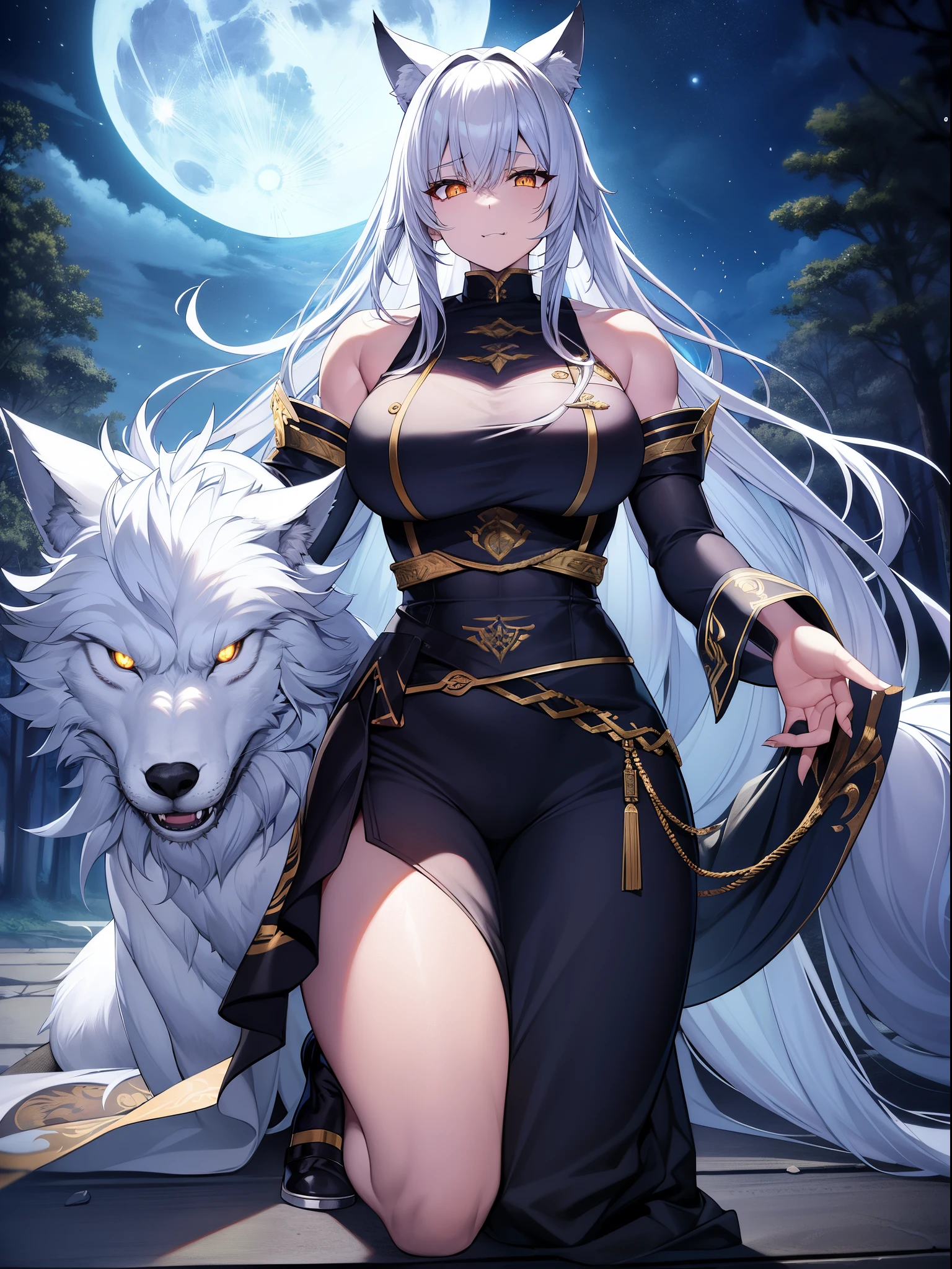 Outrageous resolution、masutepiece++,top-quality++,ultra-defined++, ultra-defined++,4K++,8K++,(Background Focus)++, Highly detailed, Viewer's Perspective、Dark world、mid night、mysterious full moon forest、muscular werewolf、muscular werewolf、muscular lycanthrope、well-muscled、coyote、Silver Wolf、white wolf、Black Wolf、Shining eyes、Golden Eyes、Veteran、A body full of scars、howling、Full Body Furry、Sharp eyes、sharpteeth、Sharp fangs、sharp claws、sharp limbs、bristling fur、lone wolf、absolute champion、