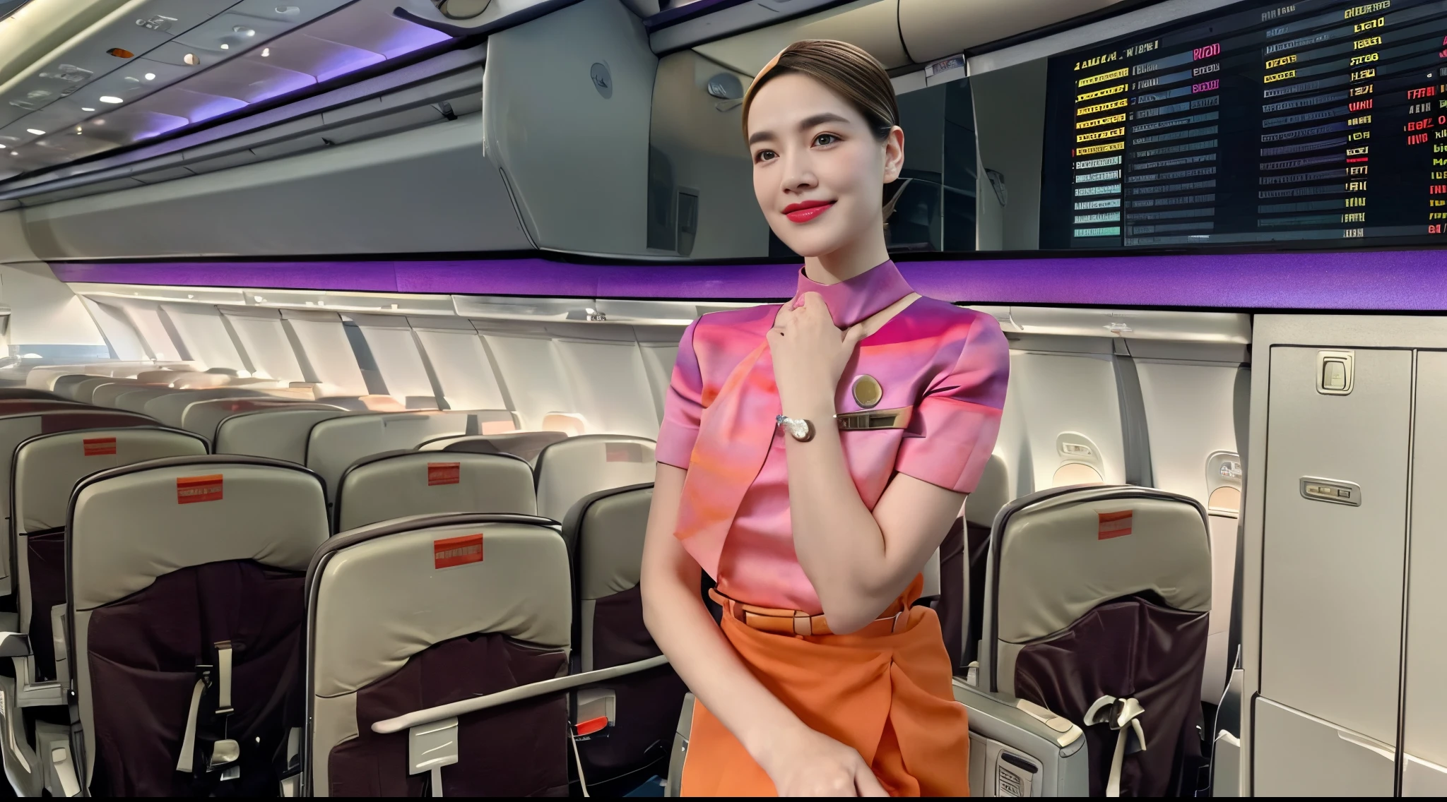 1womanl, 40 years, hyperdetailed face, Detailed lips, A detailed eye, Double Eyelid, (Like an airplane stewardess:1.2), (Do a good job:1.2), (Stewardess uniform:1.2), (wear the stewardess cap:1.2), (modest:1.2), smil, Perfect image realism, Background with: (Business Class aisle on airplanes:1.2), Meticulous background, detailed costume, Perfect litthing, Hyper-Realism, (Photorealsitic:1.4), 8K maximum resolution, (​masterpiece), ighly detailed, Professional