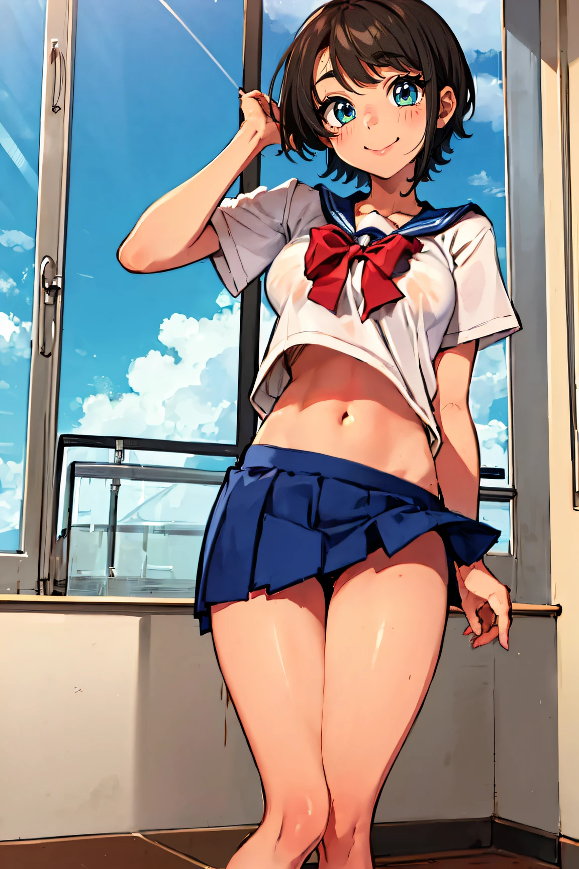 Subaru_School, serafuku,Solo,((Only one person)),((Whole body from head to toe)),((A smile)),Revealing clothing,Navel,Small,Sheer nipples,School Uniform,a short skirt