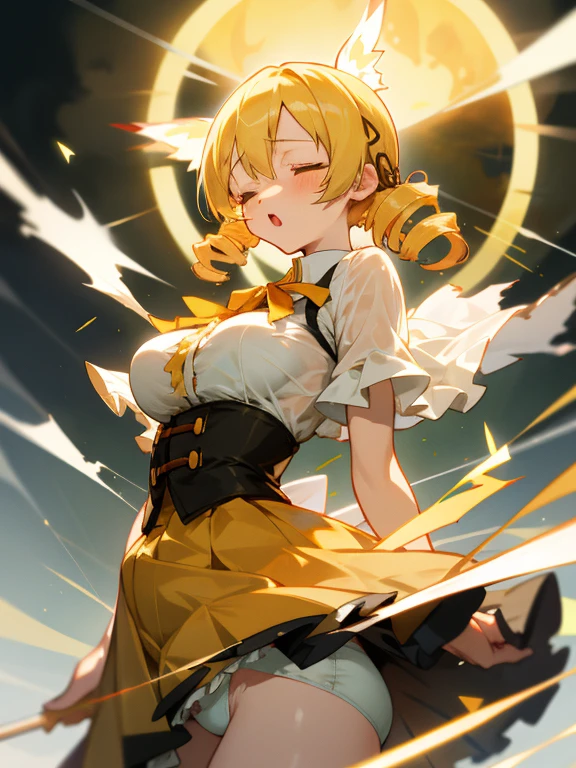 tottering, tomoe mami, big breast, torn clothes, frilly, closed eyes, :o, white panties, dirty, bleed, blonde hair, drill hair, head back, lightning, see-through white bras, fsb, frosuke, from front