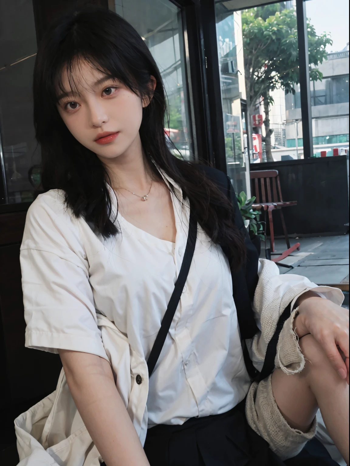 Best quality at best, 超高分辨率, (realistically:1.4),a tall and beautiful woman,Slim abs,dark brown hair,Loose wavy shape,mediuml breasts,Wearing a pendant,White button-down shirt,obi strip,a black skirt,(Modern architectural background),The details of the face and skin texture are beautifully rendered,A detailed eye,二重まぶた