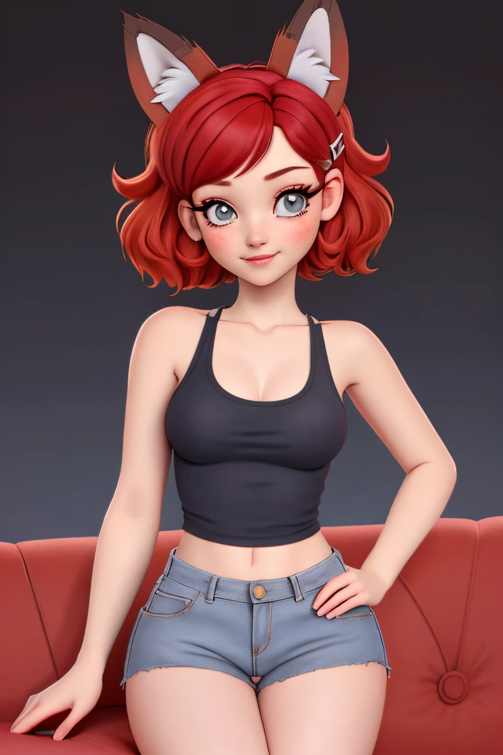 close up 1girl in, ager, Solo, vibrant red hair, straight red hair, short red hair, light gray eyes, some small freckles, pale skin, medium breasts, cleavage, runners body, (thin hips, thin waist: 1.25), (arched back:1.12), detailed skin, neutral face, mischievous smile, revealing clothes, (wearing cropped tank top, blue jean shorts ripped, hair clip: 1.1), looking at viewer, (goofing off: 1.22), (dark fox ears:1.25), (detailed relaxing living room background:1.1), on a couch, relaxing, 4k textures, soft light, elegant, highly detailed, sharp focus, soothing tones, insane details, intricate details, hyperdetailed, low contrast, exposure blend, hdr, faded