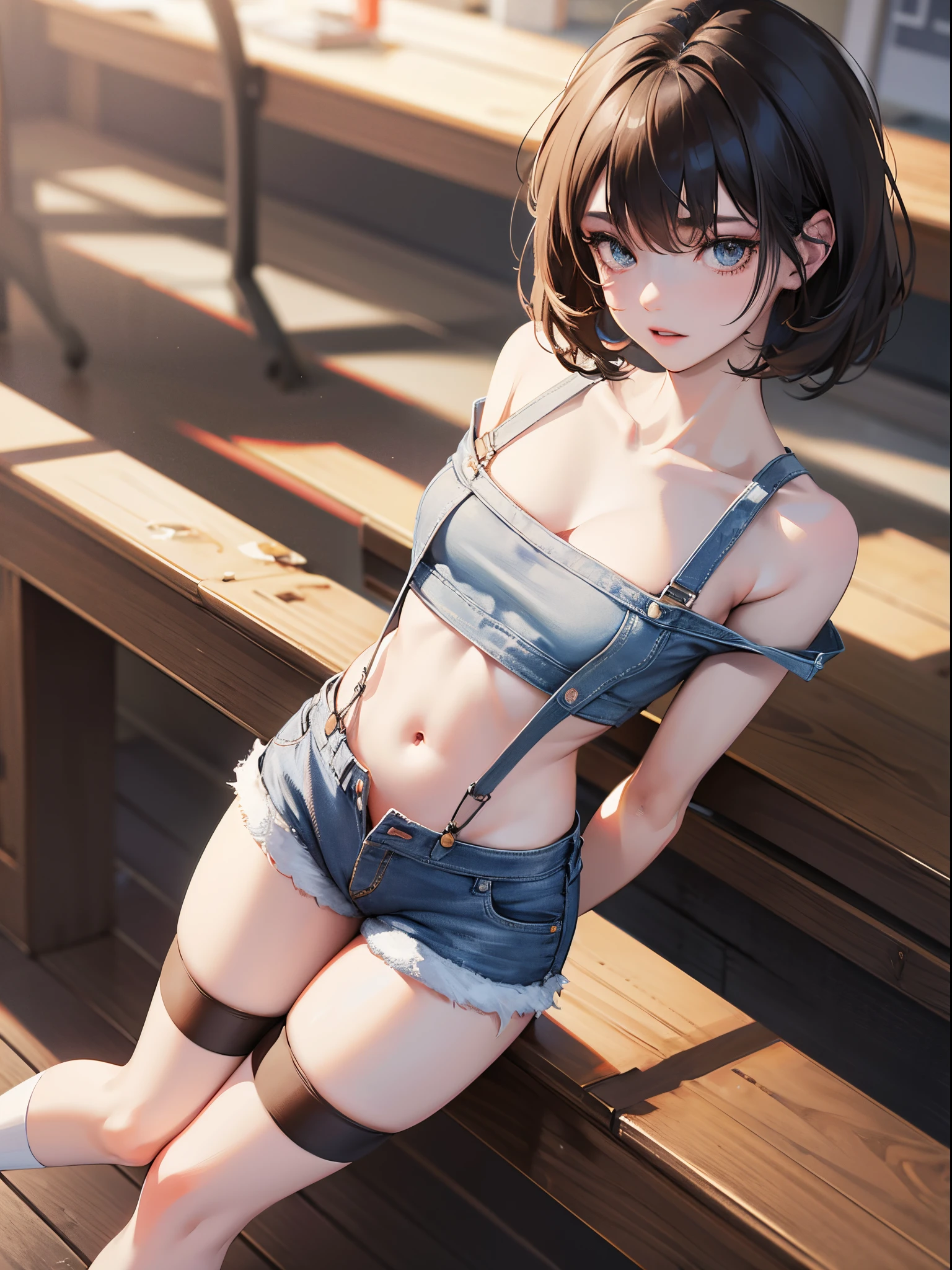 A girl wearing denim shorts and tattered short sleeves，Wearing suspender stockings on the legs，Exposing the abdomen，The figure is good，The head is not exposed，[ 4K realism ]!!, [ 4K realism ]!!!, [ 4K digital art ]!!, Realistic shadow perfect body, realisticlying!!!!!!! art-style, photorealistic anime, by Shitao, Popular topics on cgstation, Casual pose, realistic anime 3D style