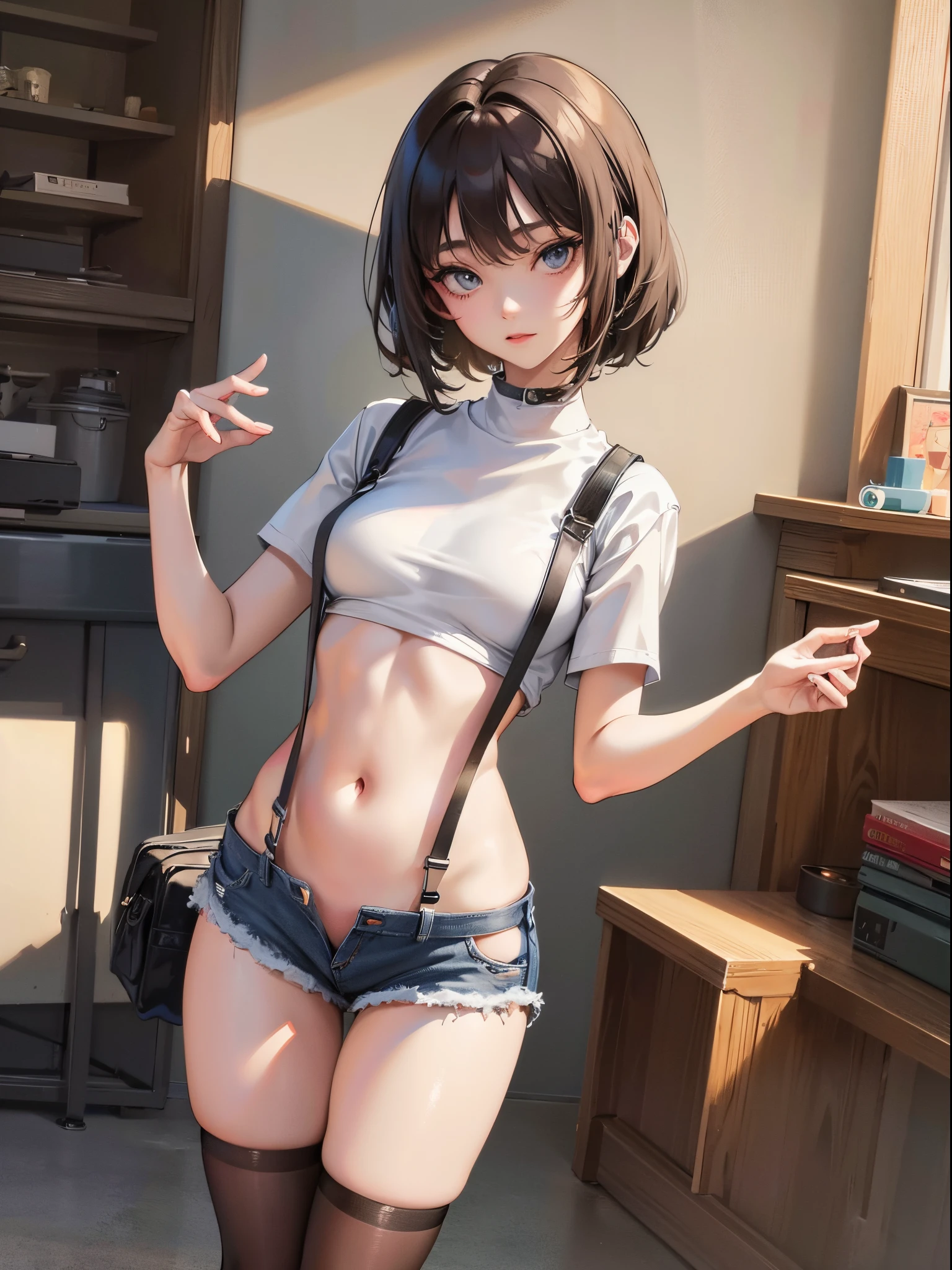 A girl wearing denim hot pants and tattered short-sleeves，Wearing suspender stockings on the legs，Exposing the abdomen，The figure is good，The head is not exposed，[ 4K realism ]!!, [ 4K realism ]!!!, [ 4K digital art ]!!, Realistic shadow perfect body, realisticlying!!!!!!! art-style, photorealistic anime, by Shitao, Popular topics on cgstation, Casual pose, realistic anime 3D style