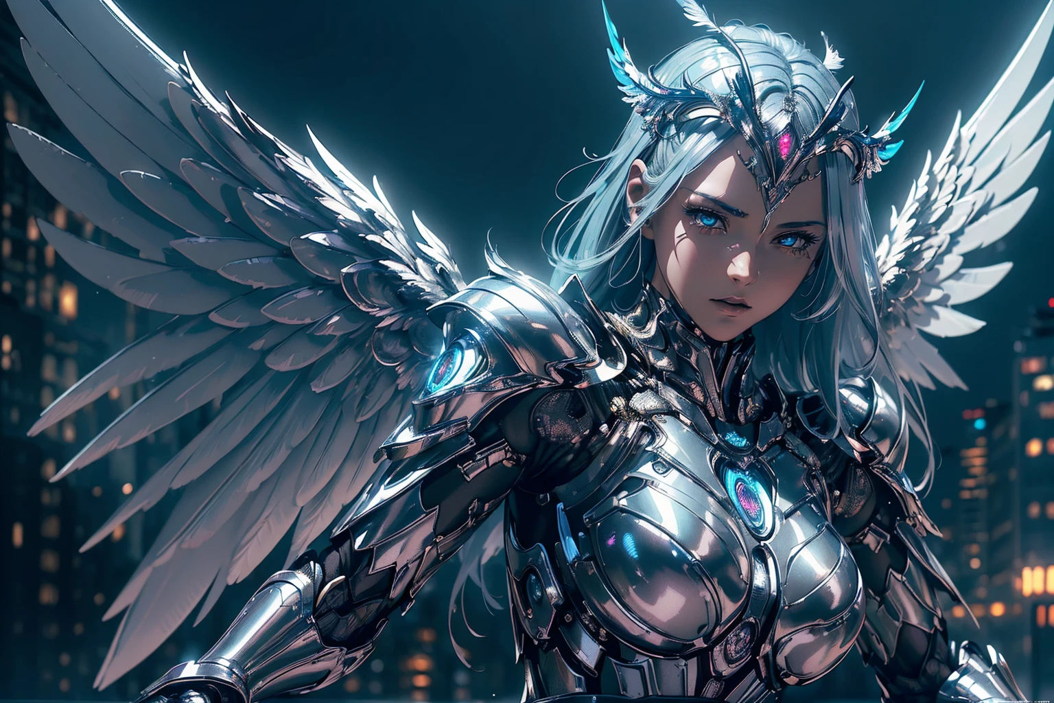 (best quality,ultra-detailed,realistic:1.37),sexy,Angel android,metallic wings,mechanical feathers,shiny metallic body,human-like face,halo floating above head,ethereal glow,cityscape background,nighttime setting,neon lights,blue and silver color scheme,sharp focus,sci-fi genre,concept artist style,studio lighting