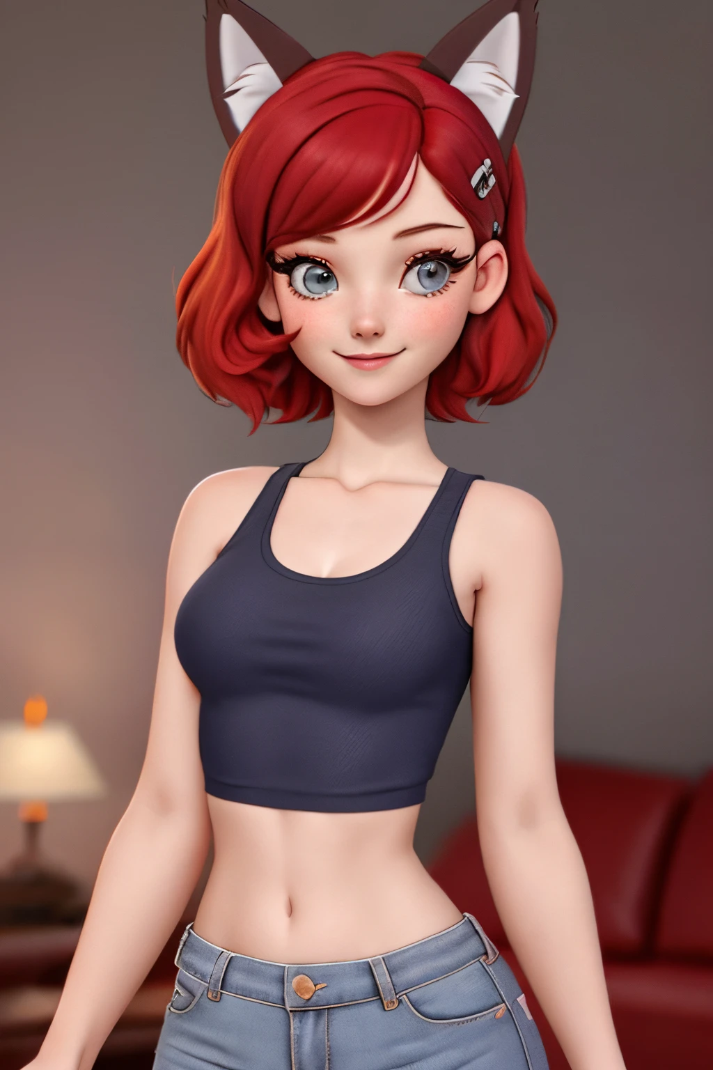 close up 1girl in, ager, Solo, vibrant red hair, straight red hair, short red hair, light gray eyes, some small freckles, pale skin, medium breasts, cleavage, runners body, (thin hips, thin waist: 1.25), (arched back:1.12), detailed skin, neutral face, mischievous smile, revealing clothes, (wearing cropped tank top, blue jean shorts ripped, hair clip: 1.1), looking at viewer, (goofing off: 1.22), (dark fox ears:1.25), (detailed relaxing living room background:1.1), on a couch, relaxing, 4k textures, soft light, elegant, highly detailed, sharp focus, soothing tones, insane details, intricate details, hyperdetailed, low contrast, exposure blend, hdr, faded