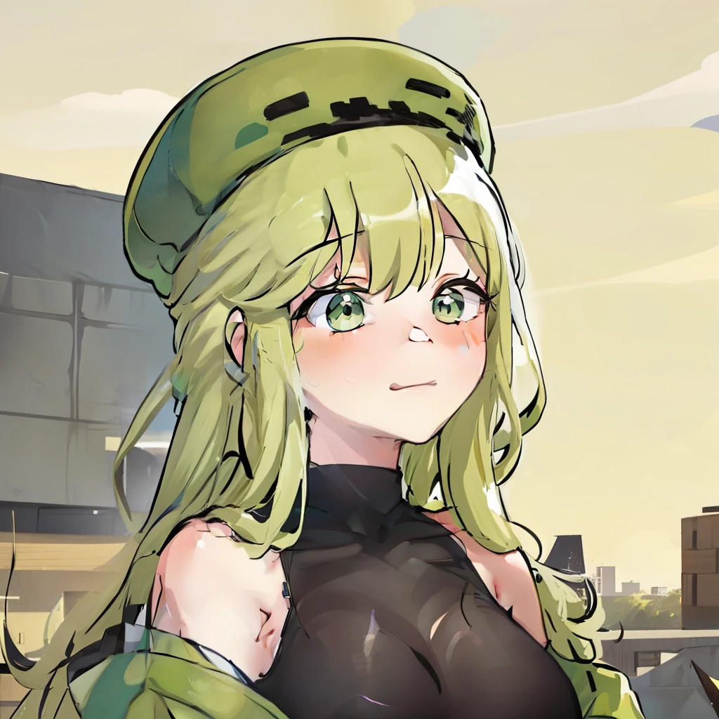 (masterpiece, best quality:1.2),illustration,1girl,upper body,long_hair,breasts,blush,smile,bangs,green hair,shirt,hat,hair_between_eyes,bare_shoulders,closed_mouth,green_eyes,collarbone,jacket,skirt,thighhighs,pleated_skirt,black_thighhighs,shoes,green_hair,sleeveless,off_shoulder,black_shirt,sleeveless_shirt,beret,green_jacket,green_headwear,