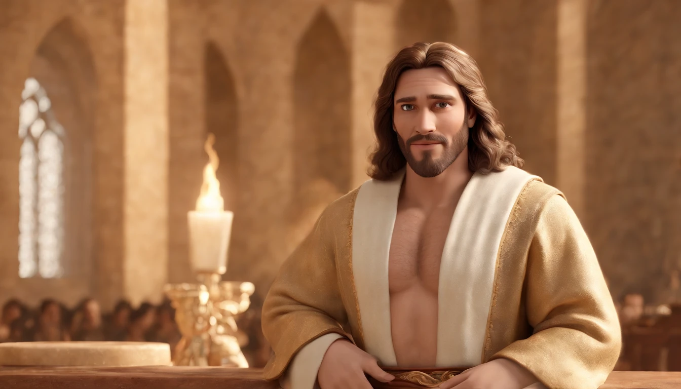 a pixa Disney cartoon of biblical times "Generate a realistic depiction of Jesus as a leader in Heaven; sitting on a golden king throne; leading many people dress in white, animation film, animated film still, rendered in corona, epic illumination, 3 d animated, 3d animated, he is greeting you warmly Caractere estilizado, animation style rendering, 3D estilizado, Arnold Maya render, 3 d render stylized, toon render keyshot, Personagem 3D, Personagem 3D, 3d rendering stylized, 3 d character render, personagem de desenho animado, Personagem de close up, Pose de personagem, (Estilo Pixar) (master part:1.2) (Bokeh) (best quality) (pele detalhada) (textura detalhada) (8k) (argila) (Cinematic lighting) (foco nítido