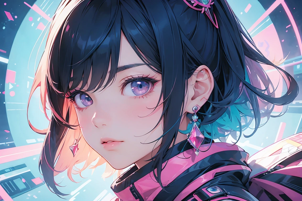 top-quality、ultra-detailliert、best quality face、Solo female, very beautiful, cool, facing forward with upper body visible, fashionable attire, double eyelids, colorful world, vivid hair color, wearing earrings, plump lips, background of cityscape 100 years in the future, calm atmosphere, psychedelic color scheme, a detailed illustration of cel anime, Japanese anime portrait, set against a neon color palette, ultra detailed, best aesthetic