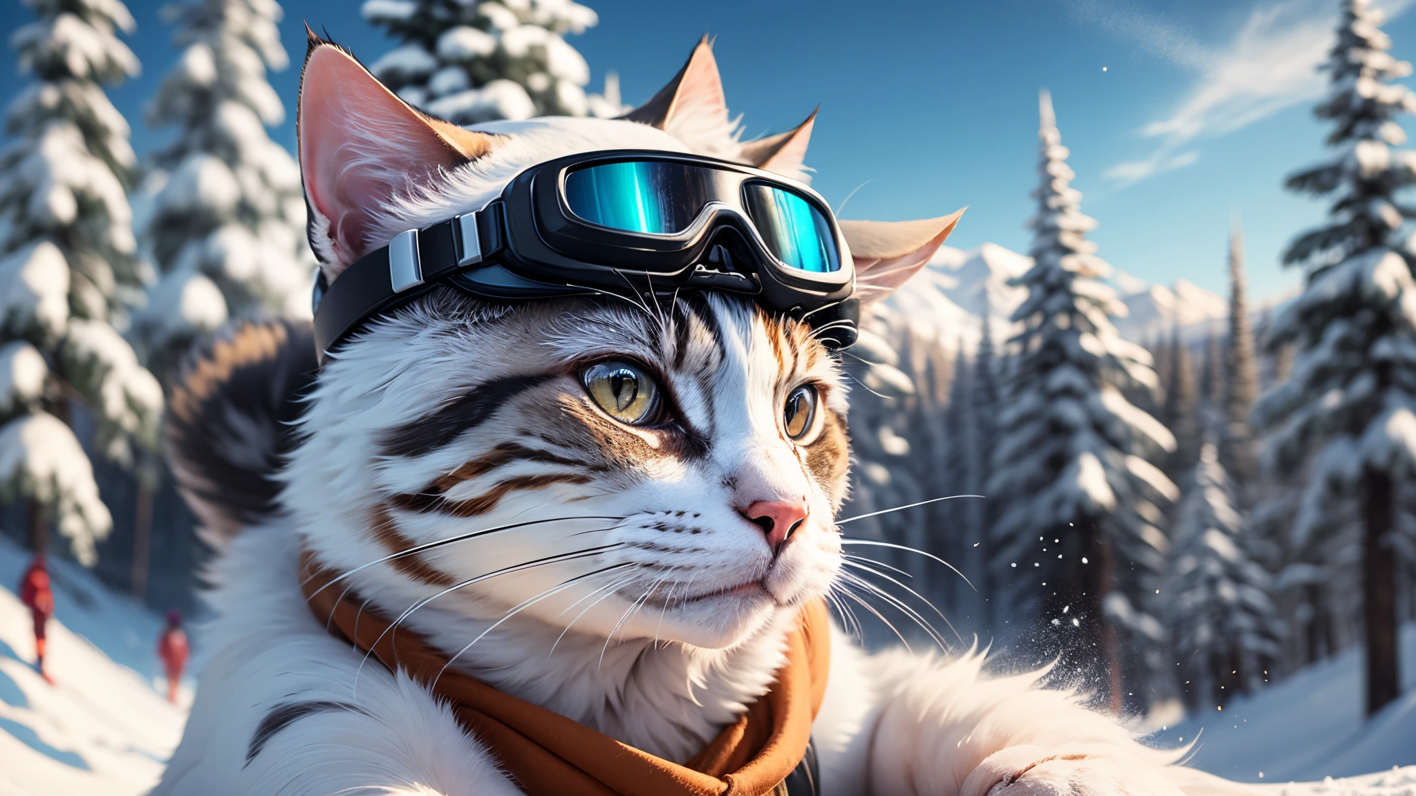 **A cat who loves snowboarding decides to sneak into a ski resort and join the human skiers. He wears a pair of goggles and a scarf to blend in, but his tail and ears give him away. He tries to impress the humans with his tricks, but ends up causing chaos and confusion on the slopes. --auto --s2