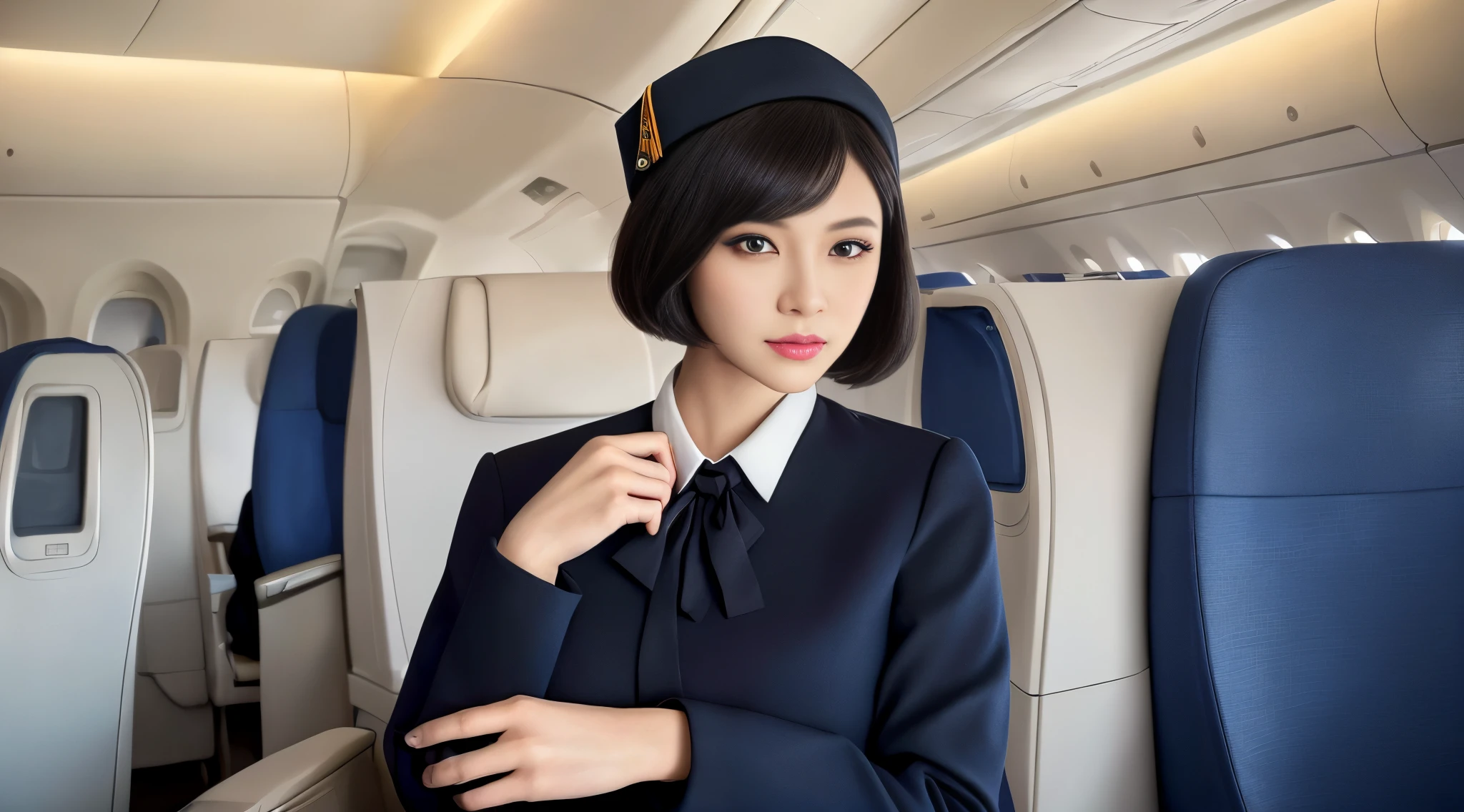 1womanl, 40 years, hyperdetailed face, Detailed lips, A detailed eye, Double Eyelid, (Black bob hair, Like an airplane stewardess, Do a good job), (Like an airplane stewardess:1.2), (Do a good job:1.2), (Stewardess uniform:1.2), (wear the stewardess cap:1.2), (modest:1.2), Perfect image realism, Background with: (Business Class aisle on airplanes:1.2), Meticulous background, detailed costume, Perfect litthing, Hyper-Realism, (Photorealsitic:1.4), 8K maximum resolution, (​masterpiece), highly detailed, Professional