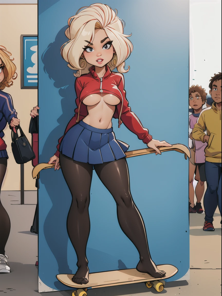 show entire body, Zendaya, curly blonde hair, wearing tight track jacket, tight skirt, pantyhose, underboob, no shoes, outside, standing on skateboard overcast day