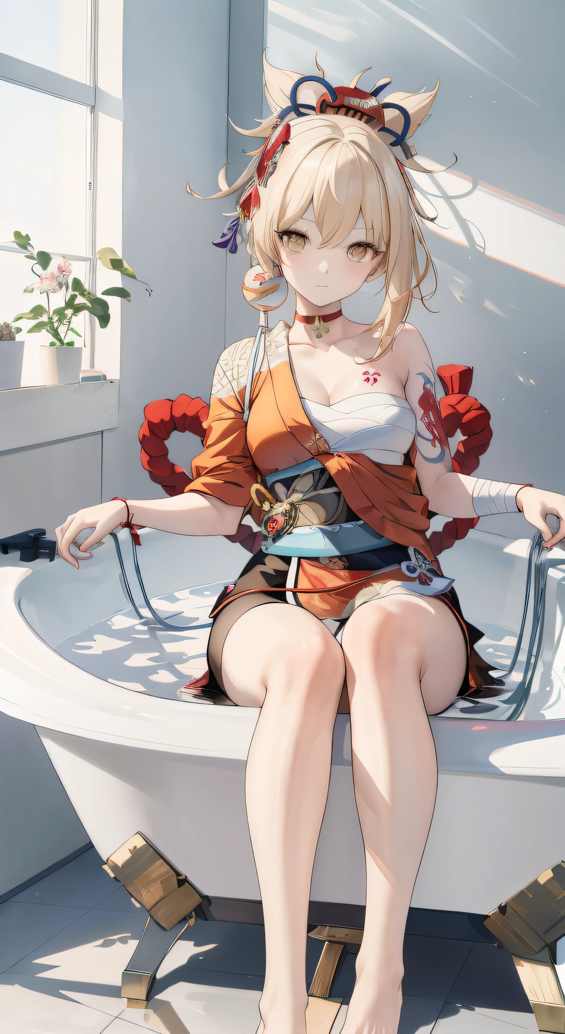 tmasterpiece,with a pure white background,8K art photography, realism concept art, The soft, Natural volume cinematic perfect light, epic, Popular topics on artstationh, a vibrant one, Produce movie character renderings, super high-quality model, lightand shade contrast,Anime girl sitting cross-legged in the bathtub,bare-legged,Barefoot,five fingers,perfect eyes,eyes are very detailed,with a round face,Raised sexy,plum,Bigchest, Blonde hair,pony tails, hair adornments,yellow eyes,collars,bandagens,LOP,chest tattoo,arm tattoos,Bandaged arm,ropes,China rope,Common, Japanese clothes, hadanugi dousa,Single glove, inner strength,Sash,imagining (genshin impact),pouch,gold claw,The legs are wrapped in bandages,