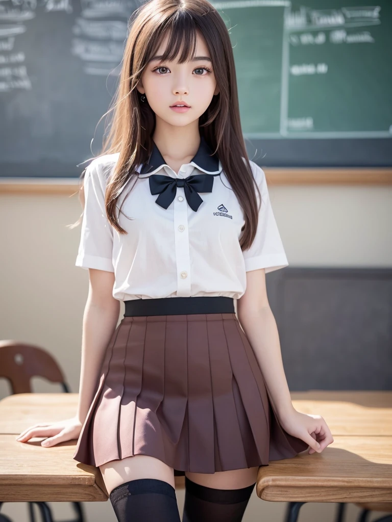 (masterpiece、best quality、extremely detailed 8k、ultra hd、ultra-detailed、highly detailed、highly realistic、photo realistic)、(beautiful realistic face、detailed realistic face)、Full body photo、1 girl、Blonde、long bangs between the eyes,、Super long bright blonde straight hair、twintails、ed bows、red bows in hair、beautiful countenance、Very cute beautiful sexy young woman、Very perfect beautiful cute face、Glowing big bright light blue eyes、18yo student、blonde、Beautiful white shiny skin、 black legwear、 chalkboard、 classroom、skirt、red skirt、 pleated skirt、 red skirt、 school bag、 school 、uniform、thighhighs、Brown shoes