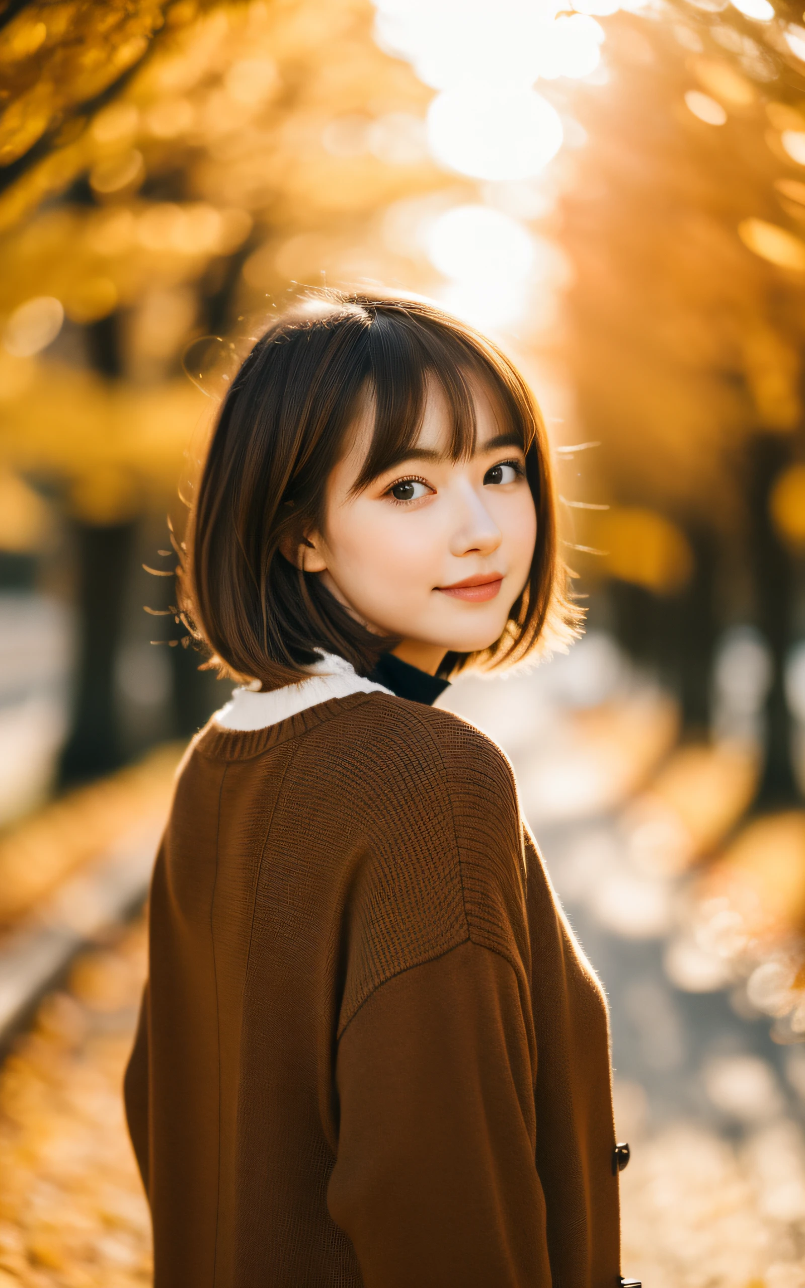 masterpiece, Best Quality, 8K, 1 girl, in autumn, A tree-lined road lined with autumn leaves, out of focus, 18 yo, medium breasts, Mouth slightly open, cute little, Solo, sad, Clothes that look good in autumn, Cute, Girly, Delicate girl, Neat and clean beauty, Raw photo, Professional Photography, Portrait, Soft light, Professional Lighting, Back lighting, Upper body, see the beholder, Sophisticated, Film grain, (Eyes and faces with detailed:1.0), Short hair swaying in the wind, beautiful flowing brown hair, Bangs