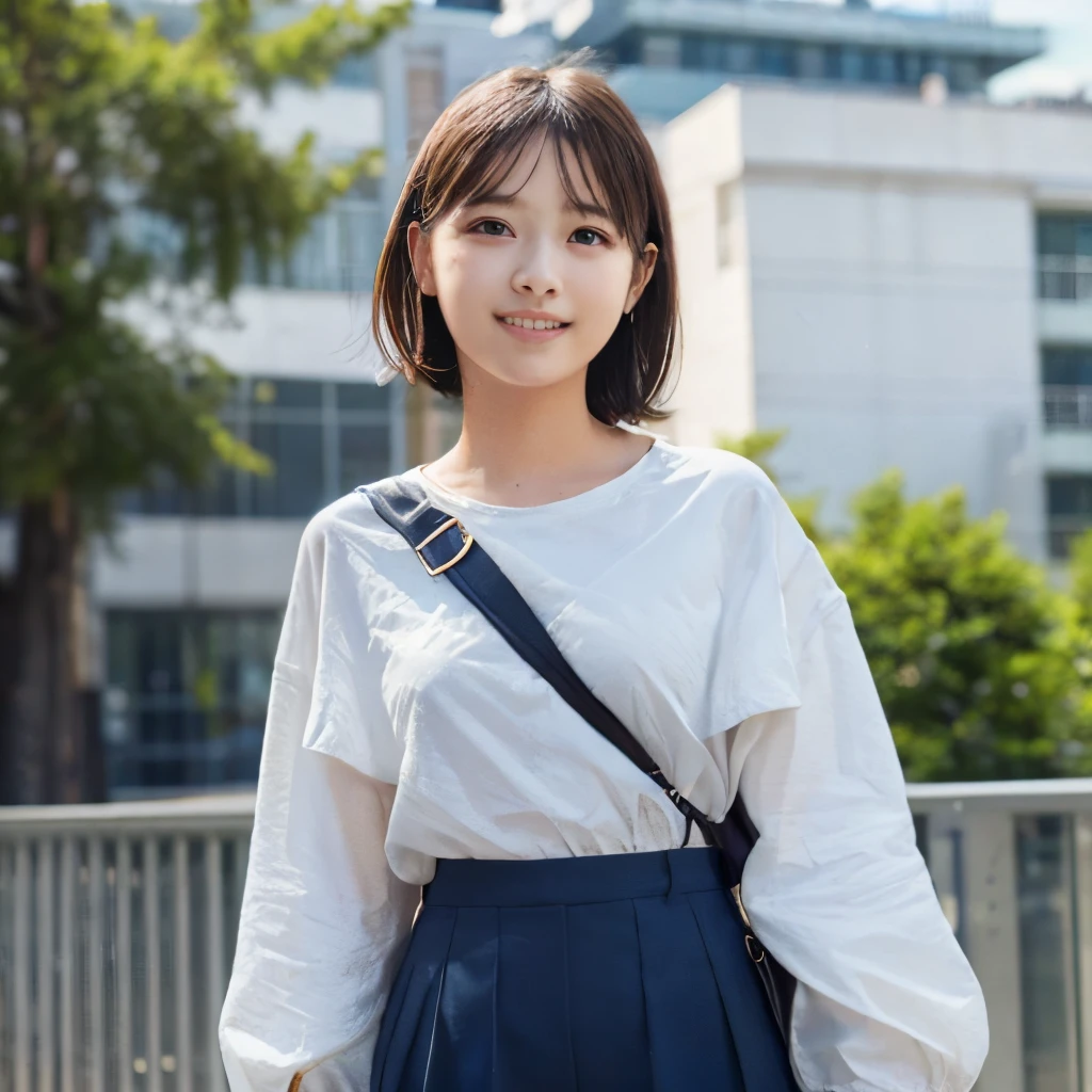 Top image quality、top-quality、​masterpiece、超A high resolution、8K、Unripe、photographrealistic:1.4、profetional lighting、cute school girl、a baby face、Bery short hair、A slender、moderately sized breasts、B Cup Bust、ssmile、trainingwear、Dark blue training pants、White sweatshirt with long sleeves、hang a shoulder bag diagonally、full body Esbian