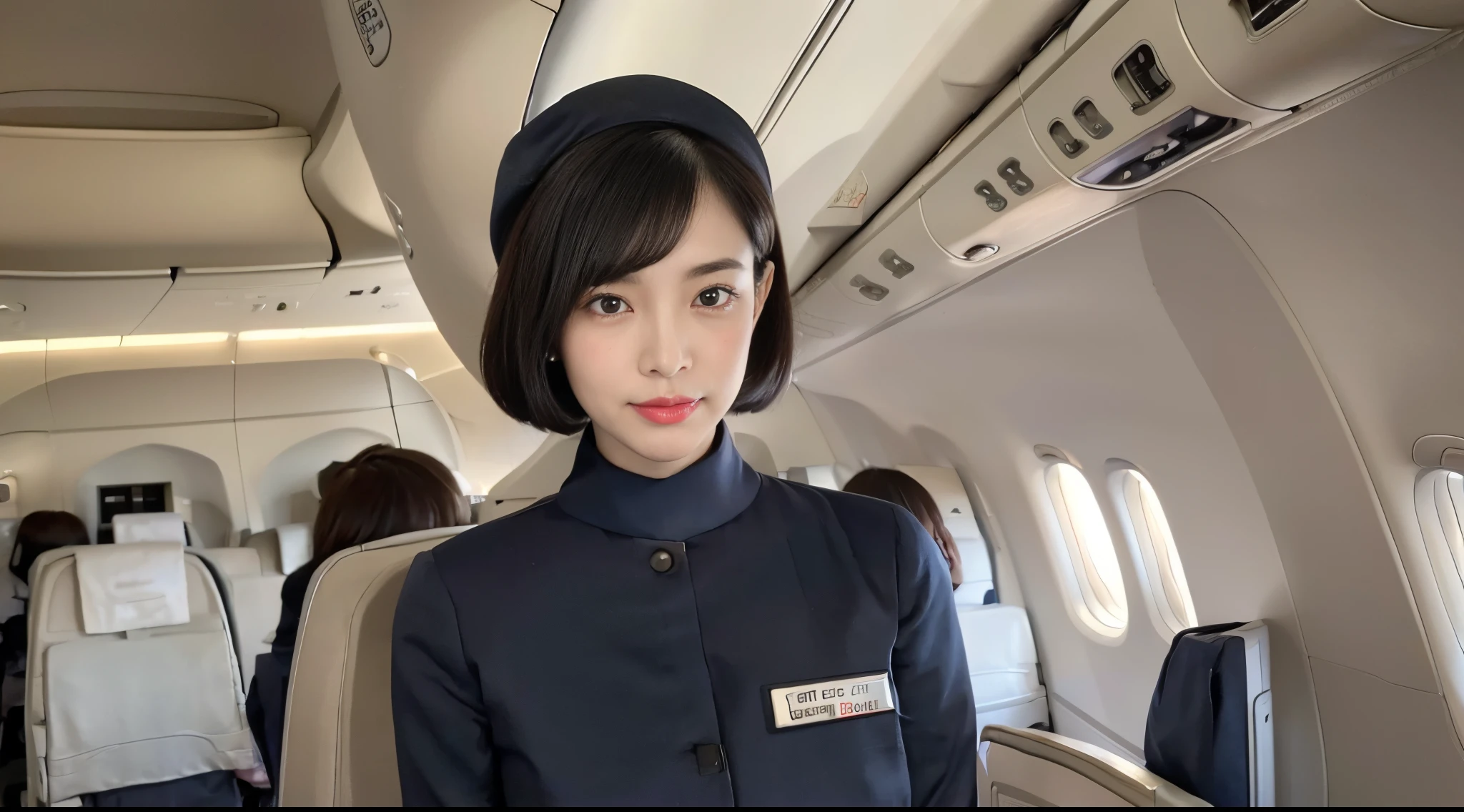 (Draw only one woman:1.3), 40 years, hyperdetailed face, Detailed lips, A detailed eye, Double Eyelid, (Black bob hair, Like an airplane stewardess, Do a good job), (Like an airplane stewardess:1.2), (Do a good job:1.2), (Stewardess uniform:1.2), (wear the stewardess cap:1.2), (modest:1.3), (Classy:1.2), Perfect image realism, Background with: (Business Class aisle on airplanes:1.2), Meticulous background, detailed costume, Perfect litthing, Hyper-Realism, (Photorealistic:1.4), 8K maximum resolution, (​masterpiece), highly detailed, Professional