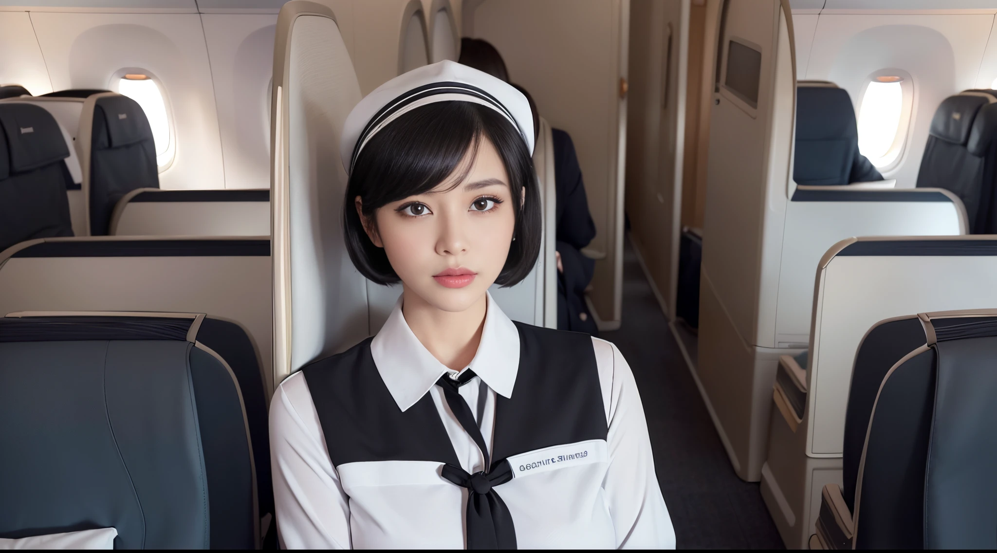 (Draw only one woman:1.3), 40 years, hyperdetailed face, Detailed lips, A detailed eye, Double Eyelid, (Black bob hair, Like an airplane stewardess, Do a good job), (Like an airplane stewardess:1.2), (Do a good job:1.2), (Stewardess uniform:1.2), (wear the stewardess cap:1.2), (modest:1.3), (Classy:1.2), Perfect image realism, Background with: (Business Class aisle on airplanes:1.2), Meticulous background, detailed costume, Perfect litthing, Hyper-Realism, (Photorealistic:1.4), 8K maximum resolution, (masterpiece), highly detailed, Professional