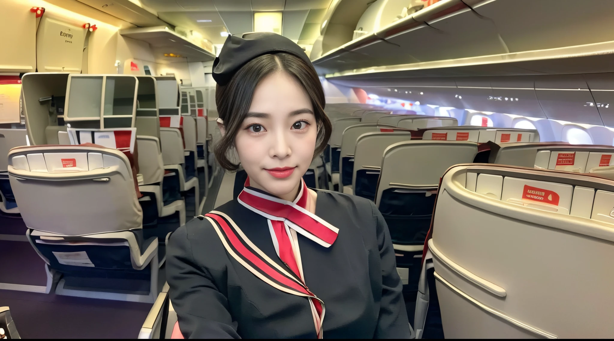 (Draw only one woman:1.3), 40 years, hyperdetailed face, Detailed lips, A detailed eye, Double Eyelid, (Black bob hair, Like an airplane stewardess, Do a good job), (Like an airplane stewardess:1.2), (Do a good job:1.2), (Stewardess uniform:1.2), (wear the stewardess cap:1.2), (modest:1.3), (Classy:1.2), Perfect image realism, Background with: (Business Class aisle on airplanes:1.2), Meticulous background, detailed costume, Perfect litthing, Hyper-Realism, (Photorealistic:1.4), 8K maximum resolution, (masterpiece), highly detailed, Professional