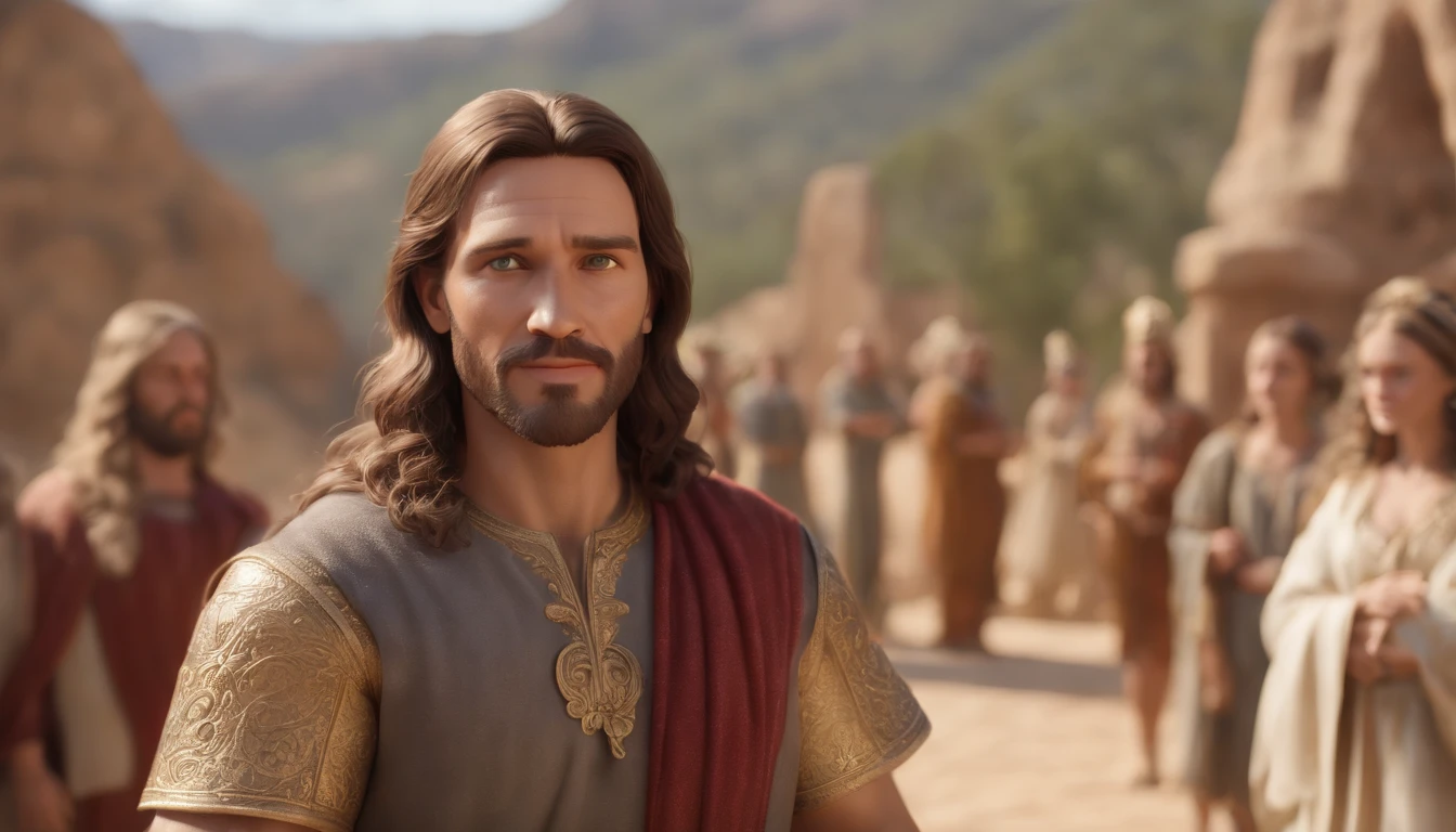 a pixa Disney cartoon of biblical times "Generate a realistic depiction of Jesus as a leader in Heaven; sitting on a golden king throne; leading many people dress in white, animation film, animated film still, rendered in corona, epic illumination, 3 d animated, 3d animated, he is greeting you warmly Caractere estilizado, animation style rendering, 3D estilizado, Arnold Maya render, 3 d render stylized, toon render keyshot, Personagem 3D, Personagem 3D, 3d rendering stylized, 3 d character render, personagem de desenho animado, Personagem de close up, Pose de personagem, (Estilo Pixar) (master part:1.2) (Bokeh) (best quality) (pele detalhada) (textura detalhada) (8k) (argila) (Cinematic lighting) (foco nítido