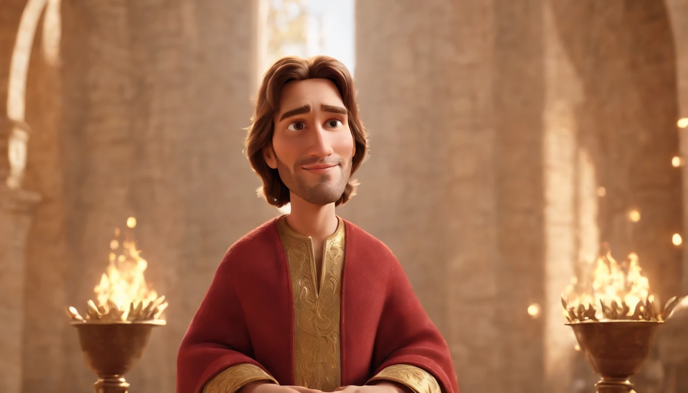 a pixa Disney cartoon  of biblical times "Generate a realistic depiction of Jesus as a leader in Heaven; sitting on a golden king throne; leading many people dress in white, animation film, animated film still, rendered in corona, epic illumination, 3 d animated, 3d animated, he is greeting you warmly Caractere estilizado, animation style rendering, 3D estilizado, Arnold Maya render, 3 d render stylized, toon render keyshot, Personagem 3D, Personagem 3D, 3d rendering stylized, 3 d character render, personagem de desenho animado, Personagem de close up, Pose de personagem,  (Estilo Pixar) (master part:1.2) (Bokeh) (best quality) (pele detalhada) (textura detalhada) (8k) (argila) (Cinematic lighting) (foco nítido