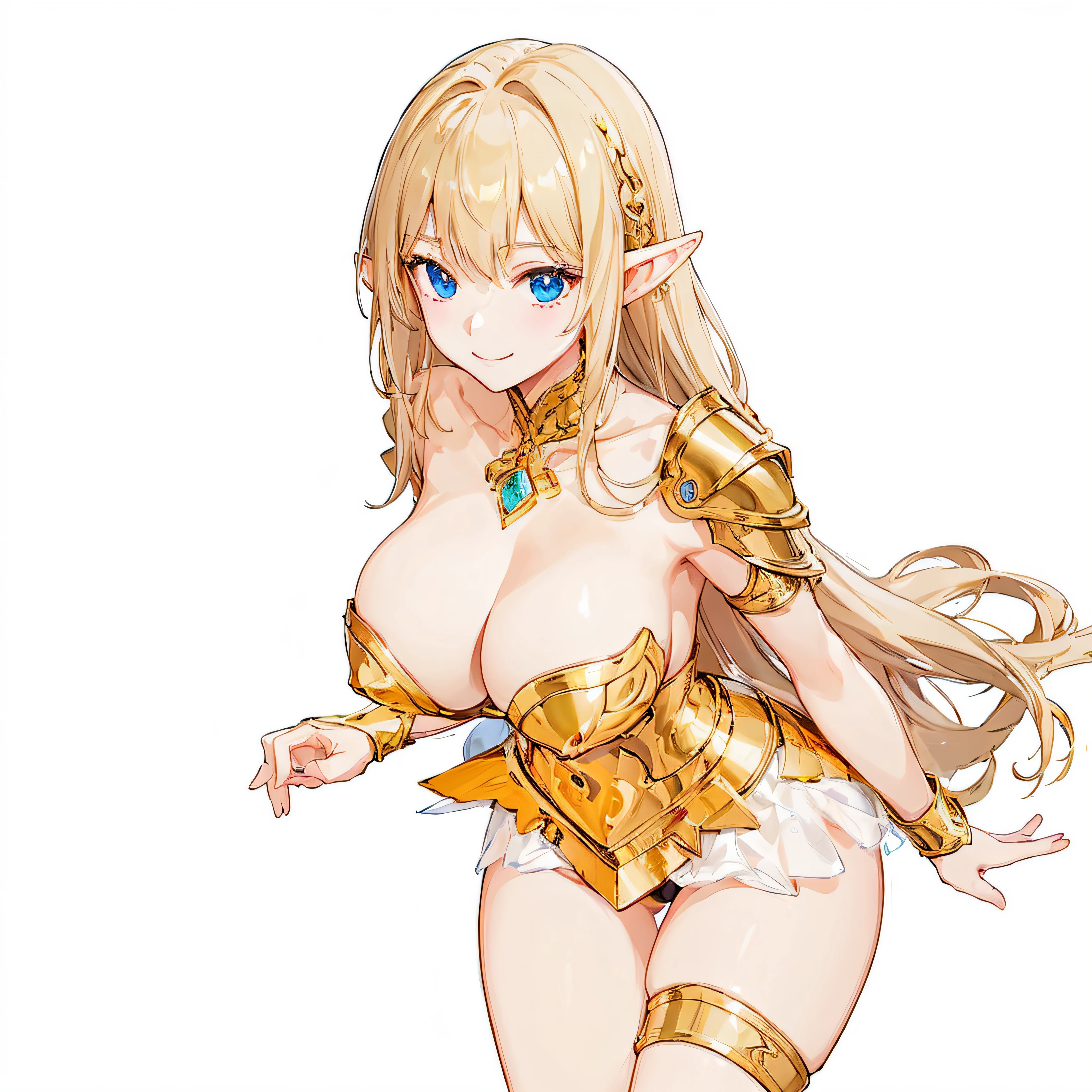 masterpiece、top-quality、ighly detailed、hight resolution、16k、fullnude、teats、Polori、Boob proportions、golden armour、Very thin skirt、Black pants、Full body like、Very white skin、Beautiful fingers、Anime girl with very big breasts posing naked、Perfect Style、elvish、no-bra、Blonde blue-eyed、A smile、An elf girl