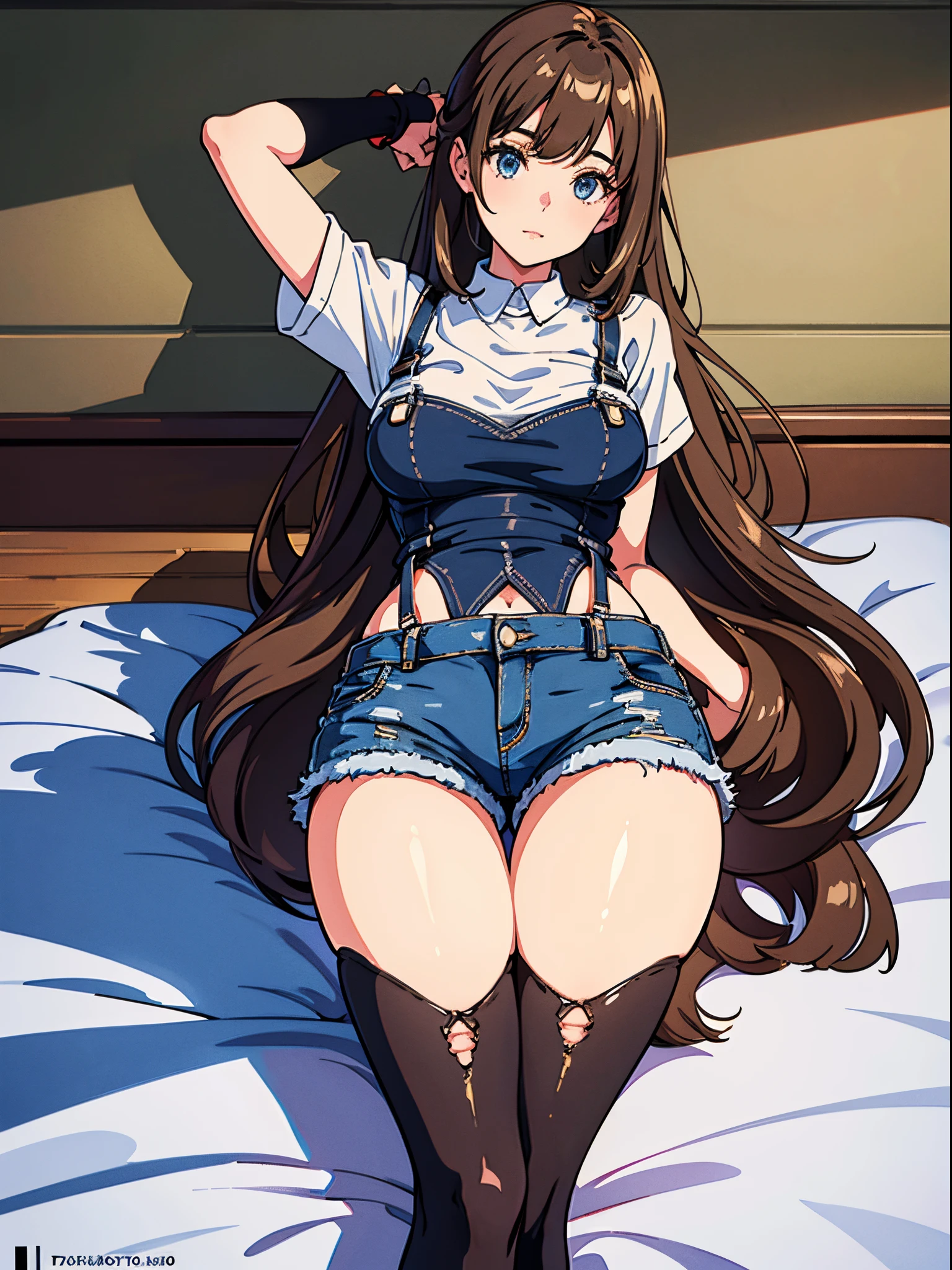 A girl wearing denim shorts and tattered short sleeves，Wearing suspender stockings on the legs，Exposing the abdomen，The figure is good，The head is not exposed，[ 4K realism ]!!, [ 4K realism ]!!!, [ 4K digital art ]!!, Realistic shadow perfect body, realisticlying!!!!!!! art-style, photorealistic anime, by Shitao, Popular topics on cgstation, Casual pose, realistic anime 3D style