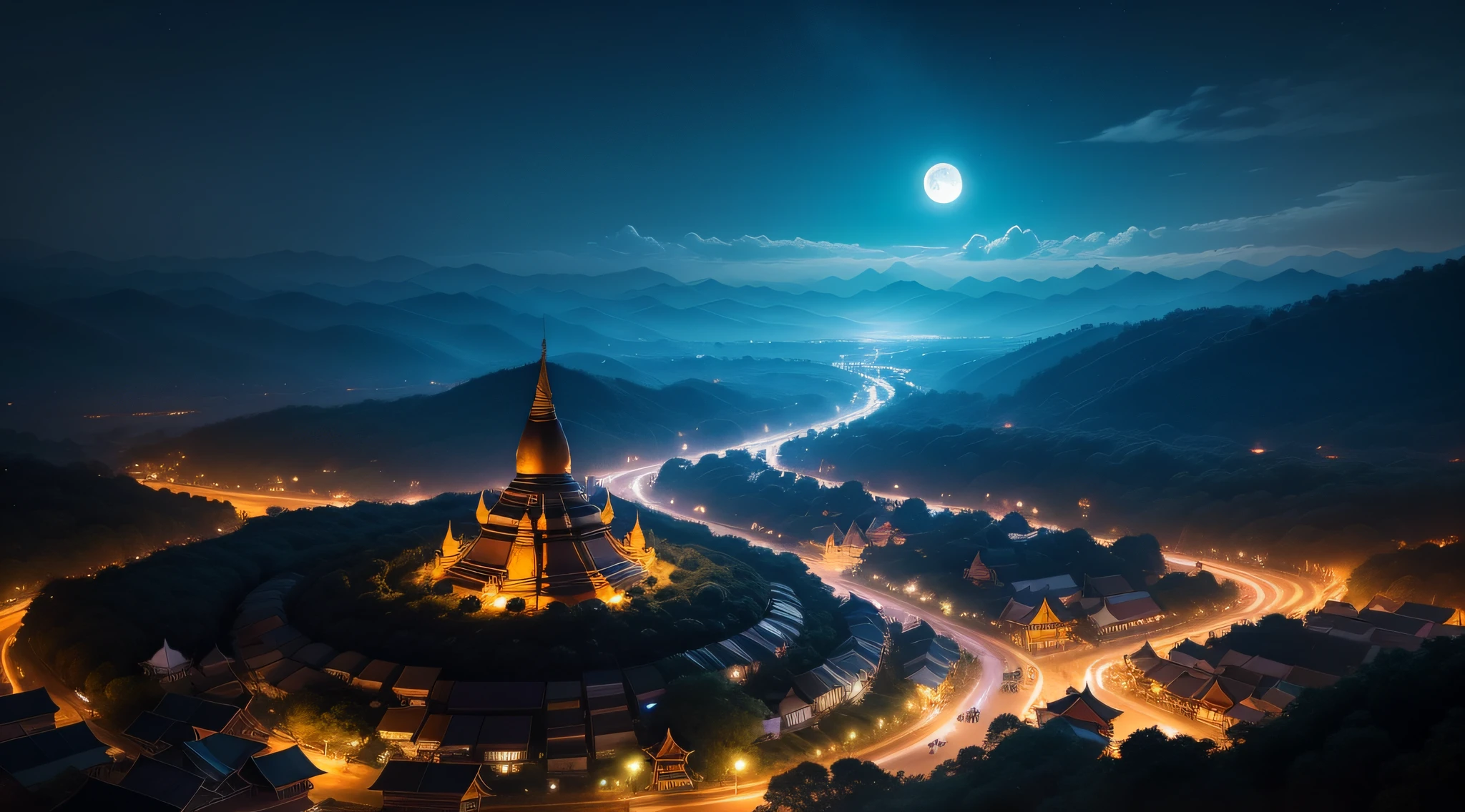 Night view of Thadingyut Festival in Myanmar,There are many pagodas and full moon, dreamy beautiful village, Cinematic, Beautiful night view from above, many lights, many ethnic groups.