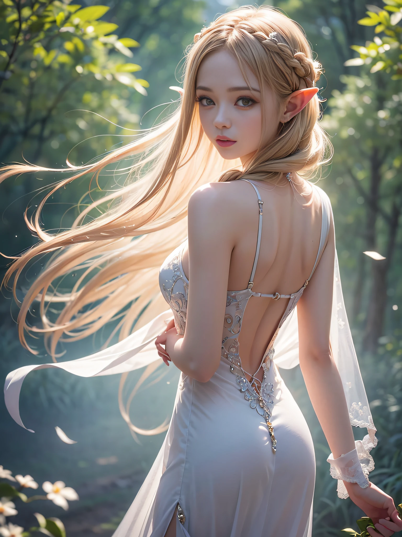 Graceful elven girl standing in meadow, Delicate face illuminated by the soft light of the setting sun. Her long, Flowing hair runs down your back, Decorated with intricate braids、Adorned with sparkling gemstones. This great photo is、、、It captures the ethereal beauty of elves. Slender figure in silk dress、Swaying in the soft steppe breeze. Attention to detail、Face that is、Face that is、Face that is、Face that is、It is evident in the intricate patterns of the dress and the subtle highlights of the luminescence. skin. The breathtaking portrayal of the elven girl is、、、、、Create an enchanting atmosphere、It invites the viewer to a magical world. transparent blonde hair,