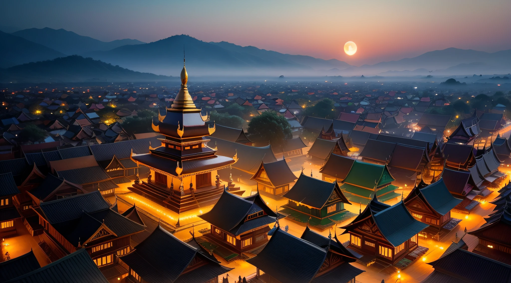 Night view of Thadingyut Festival in Myanmar,There are many pagodas and full moon, dreamy beautiful village, Cinematic, Beautiful night view from above, many lights, many ethnic groups.