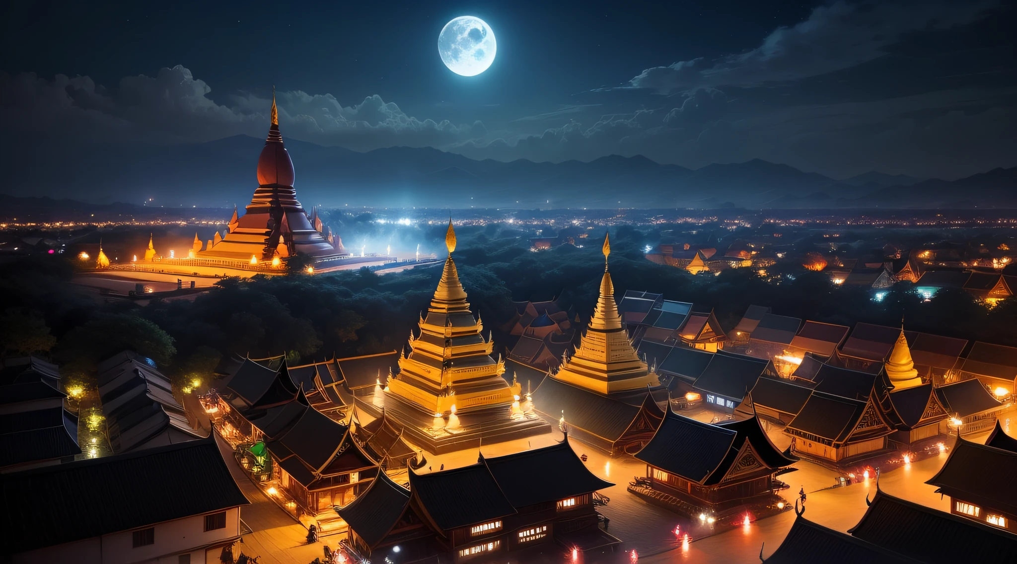 Night view of Thadingyut Festival in Myanmar，There are many pagodas and full moon, dreamy beautiful village, Cinematic, Beautiful night view from above, many lights, many ethnic groups.