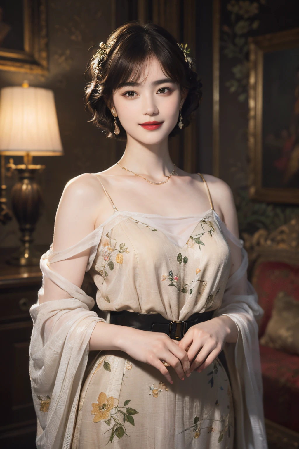 117
(a 20 yo woman,is standing), (A hyper-realistic), (high-level image quality), ((beautiful hairstyle 46)), ((short-hair)), (Gentle smile), (brest:1.1), (lipsticks), (florals), (light and dark), (rembrandt painting), (Luxurious room)