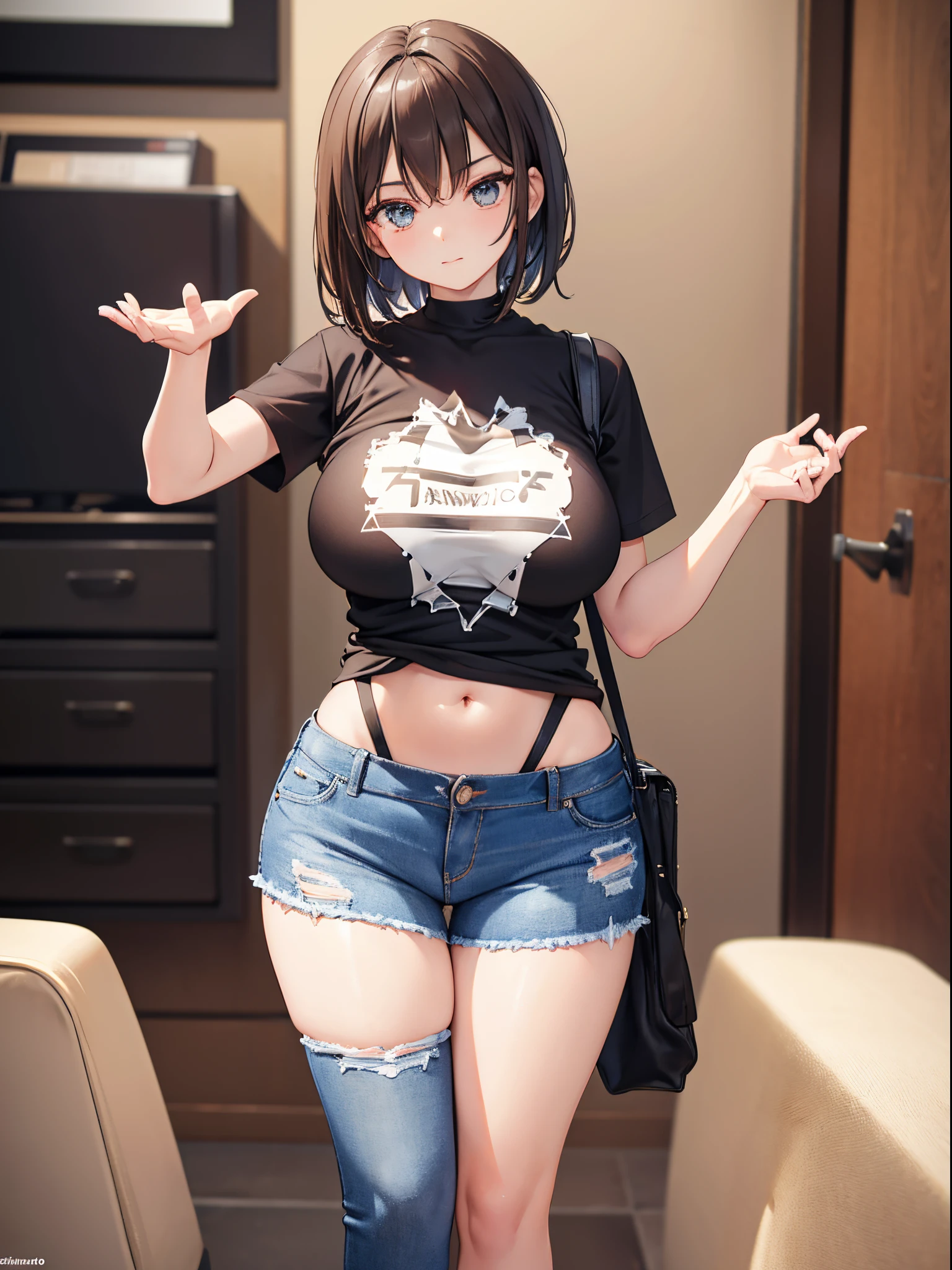 A woman wearing denim hot pants and brown short sleeves，He wears black stockings on his legs，Exposing the abdomen，The figure is good，The head is not exposed，[ 4K realism ]!!, [ 4K realism ]!!!, [ 4K digital art ]!!, Realistic shadow perfect body, realisticlying!!!!!!! art-style, photorealistic anime, by Shitao, Popular topics on cgstation, Casual pose, realistic anime 3D style