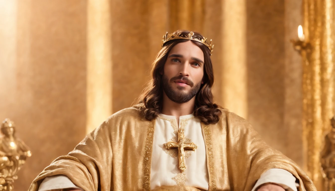 a pixa Disney cartoon of biblical times "Generate a realistic depiction of Jesus as a leader in Heaven; sitting on a golden king throne.