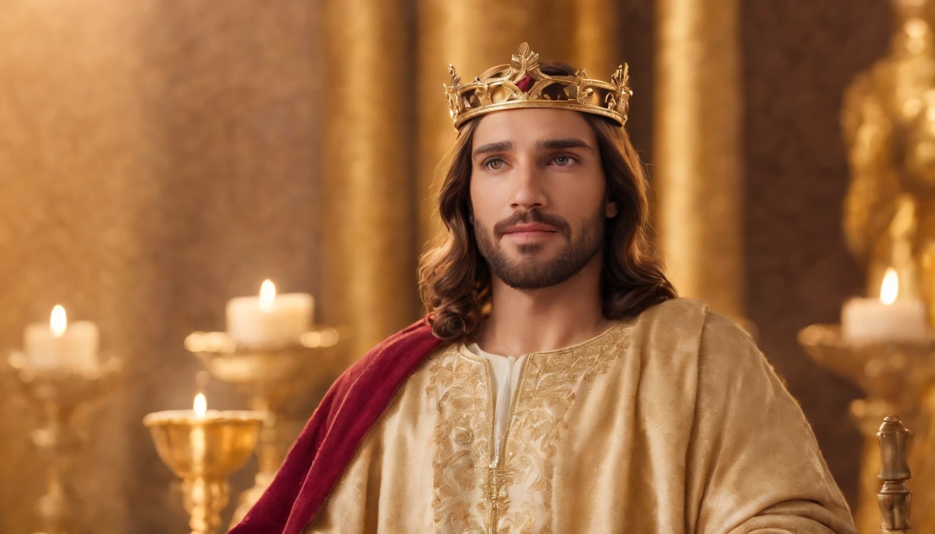 a pixa Disney cartoon of biblical times "Generate a realistic depiction of Jesus as a leader in Heaven; sitting on a golden king throne.