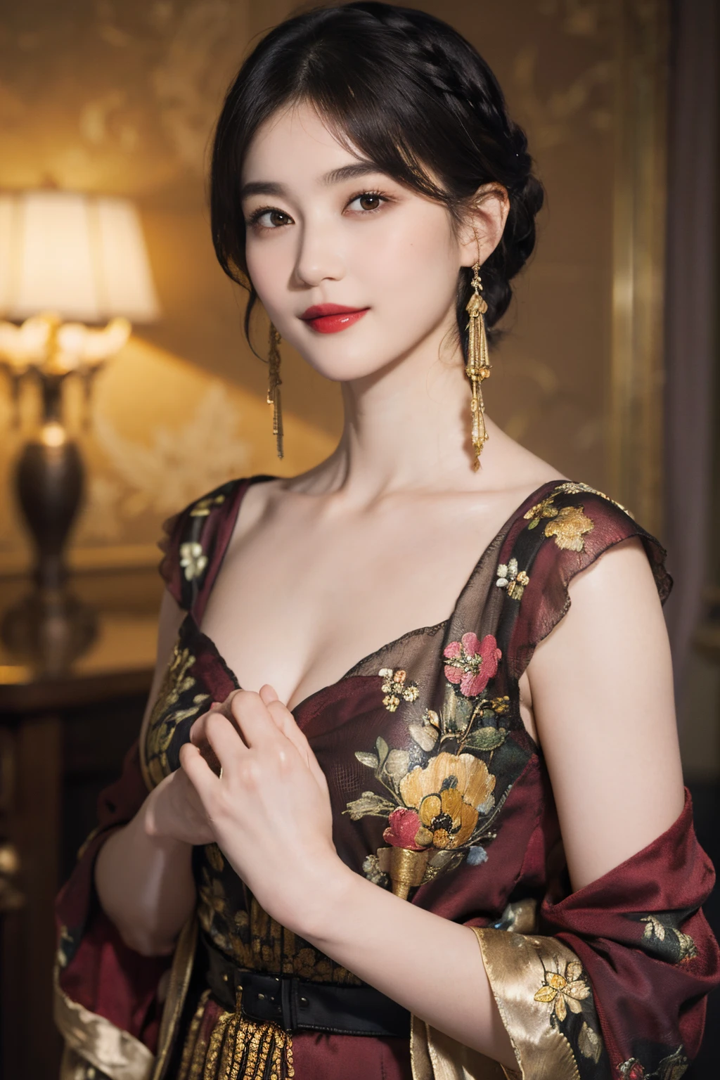117
(a 20 yo woman,is standing), (A hyper-realistic), (high-level image quality), ((beautiful hairstyle 46)), ((short-hair)), (Gentle smile), (brest:1.1), (lipsticks), (florals), (light and dark), (rembrandt painting), (Luxurious room)