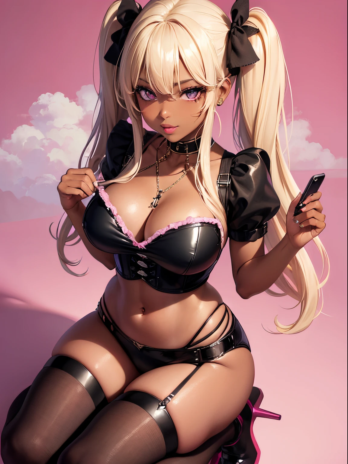 dark-skinned female+++++, detailed eyes, sparkling eyes, close-up , pink eyes, full lips, +thick lips, +full lips, big , blonde hair, pink highlights+++ belly piercing,,long hair, flat stomach, long eyelashes, lipgloss, smirk ,looking at viewer , HD++ , pink crop top , from above , pink background, corset , holding phone , clouds , pigtails , septum piercing++ , cheetah print set , on knees , heels ,
