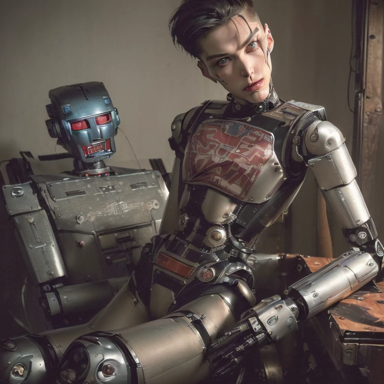 (8k, RAW photo, best quality, erotic, homoerotic, looking at viewer, face, eyes, soviet dieselpunk:1.5), (1boy, slender androgynous male, queer, depraved sissy villain, robot, mechanical masculine crotch:1.65)