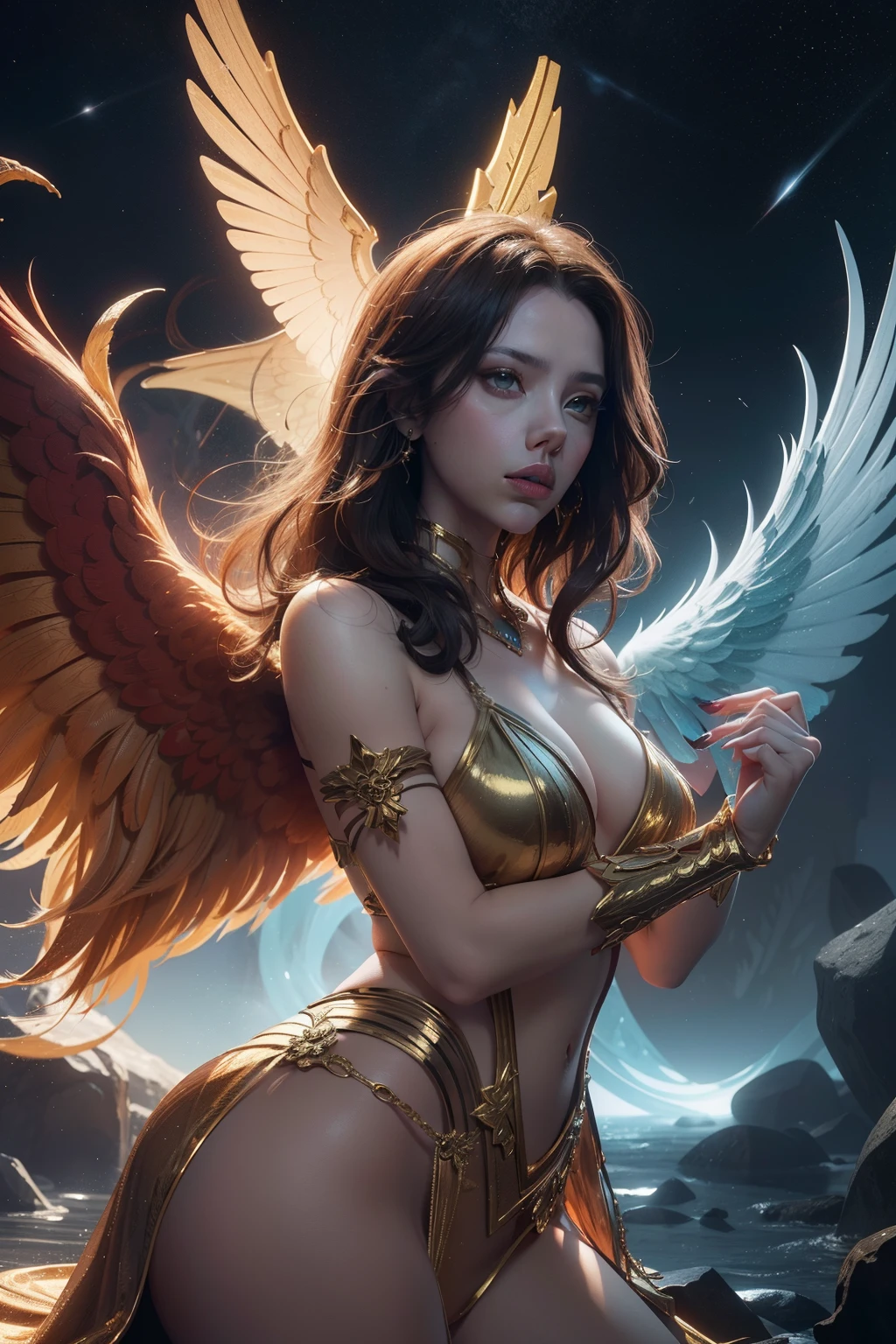 "Generate an AI image depicting Scarlett Johansson as a captivating and ethereal mythological creature. Blend her iconic features with elements from various mythologies to create a unique and enchanting portrayal. Consider incorporating mythical traits such as wings, celestial motifs, or other fantastical elements that complement Rihanna's persona while maintaining an otherworldly and mystical aesthetic."