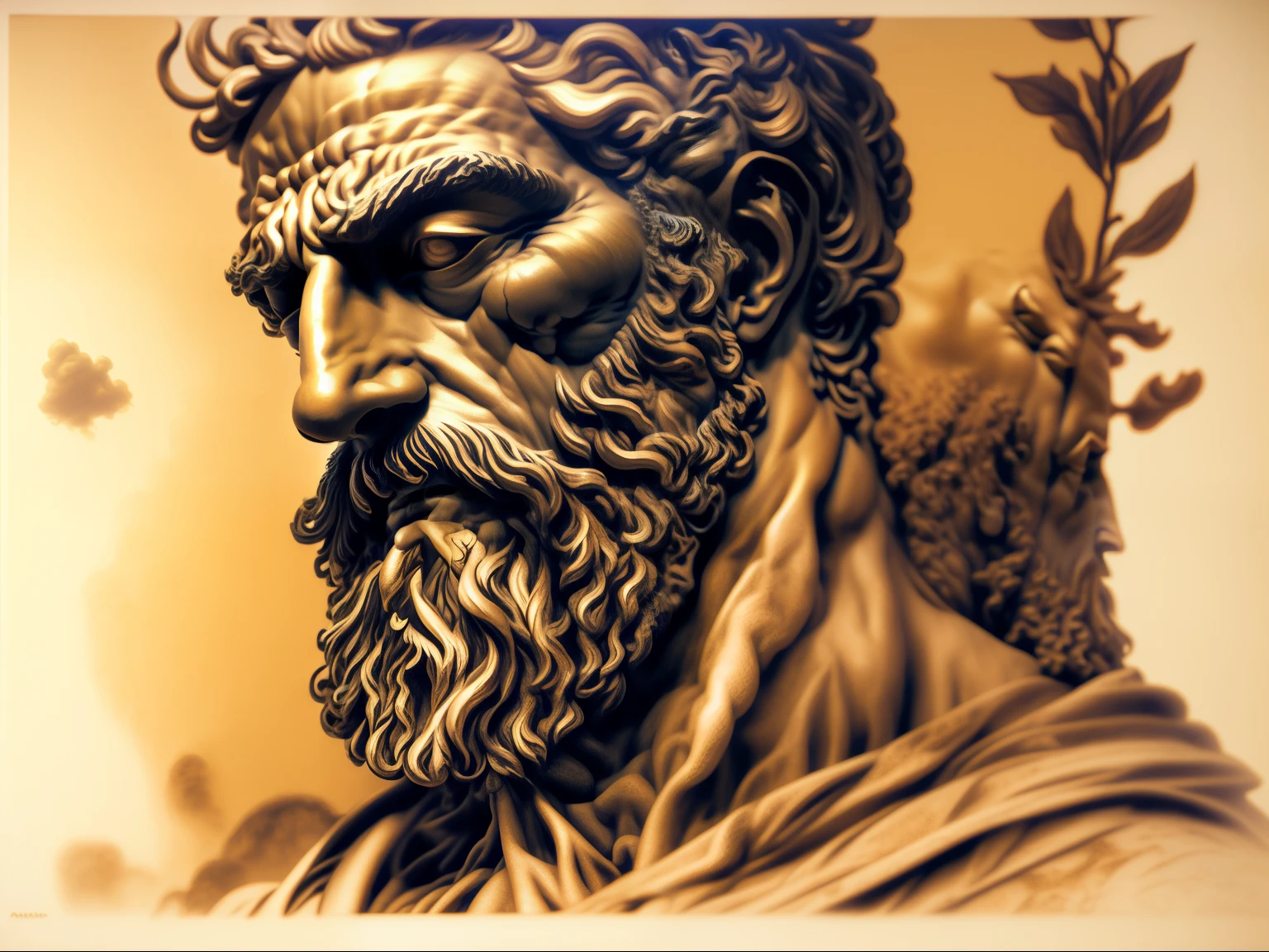 a close up of a statue of a man with a beard, Martin Ansin, Retrato da obra, Martin then, Retrato Zeus, stoic, epic full color illustration, grisalho, Furioso Deus Zeus, Grande arte digital com detalhes, O Deus Zeus, Mike Deodato Jr, Zeus, Artgerm. High detail, Arte de Alessandro Pautasso