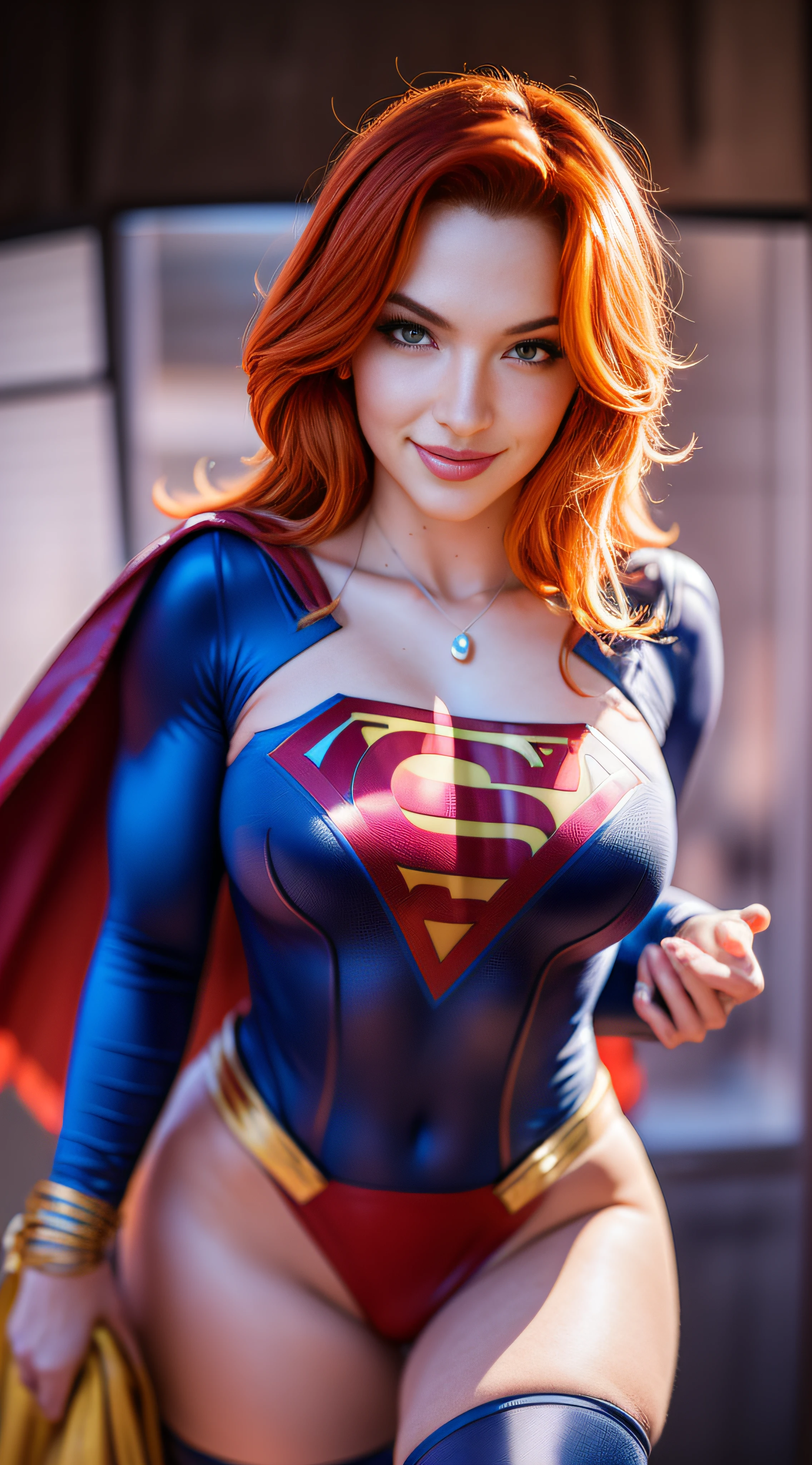 Photo of MissBri, "Supergirl's masterpiece of art complete, high quality, ultra detailed in 4k, 8k, high resolution, hyper-realistic photo, hyper-detailed, realistic skin texture, amazing shadows, extremely detailed texture, perfect lighting, high-level image quality." A female superheroine,, Full body, sexy super hero clothes, in space, , seductive smile, perfect body, gorgeous woman