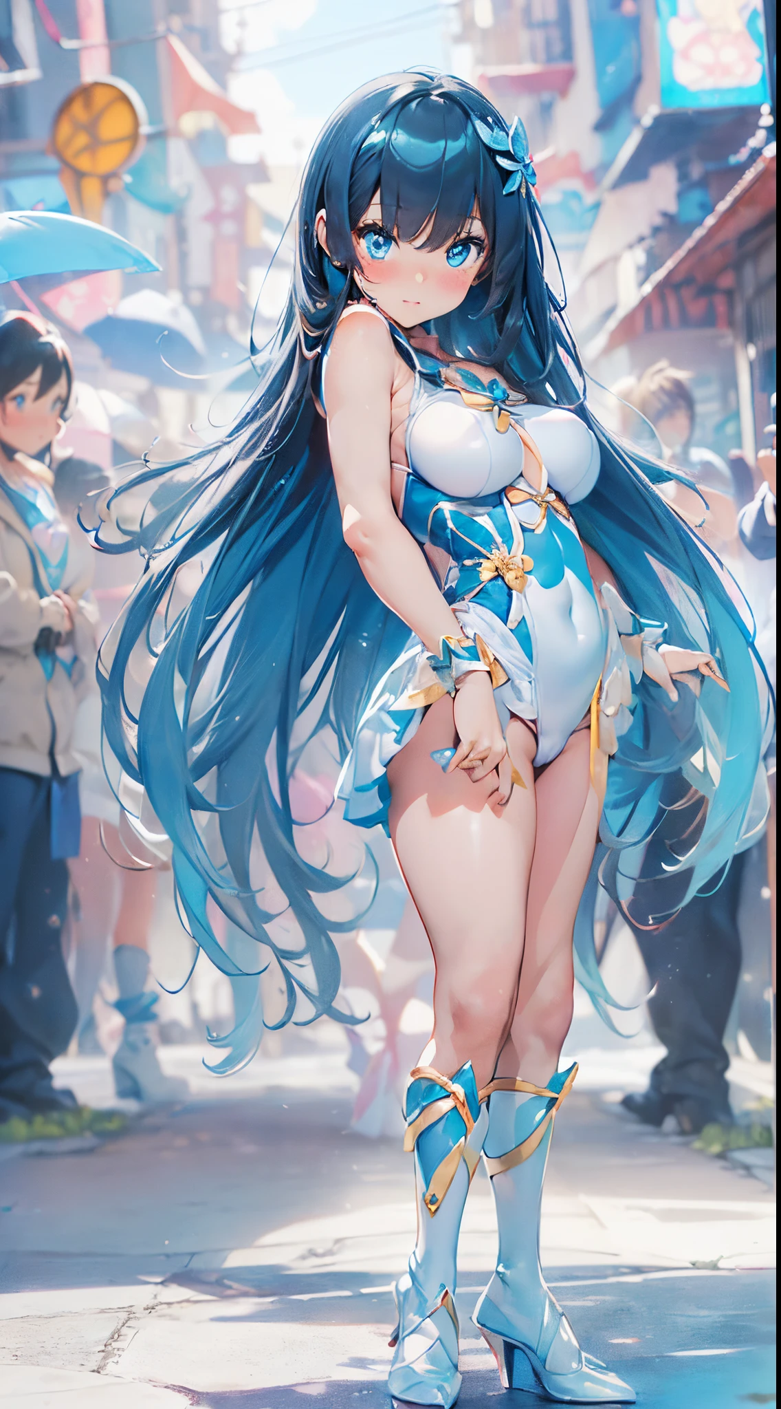 1womanl,Black hair,12year old ,((Impatient expression)),Beautiful breasts,(((Sexy magical girl white and blue high-leg bodysuit)))(())(((Blushing cheeks、Surprised look)),((())),((( portlate))),Blue eyes,(((Bangs are aligned)))()Street,Crowds(magical girl hair ornament)