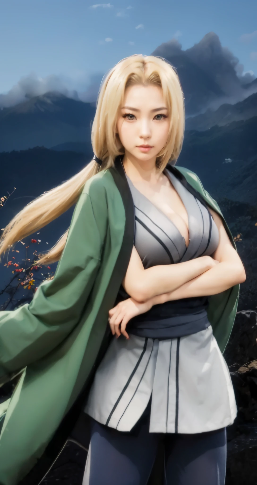 Real life adaption of this character , Adult Japanese beauty face , (realistic same hair) , (realistic same outfit),realistic background , realistic light, realistic shadow, realism, hyper realistic,(photorealistic:1.2), normal small eyes,big breast,wear realistic thight stocking