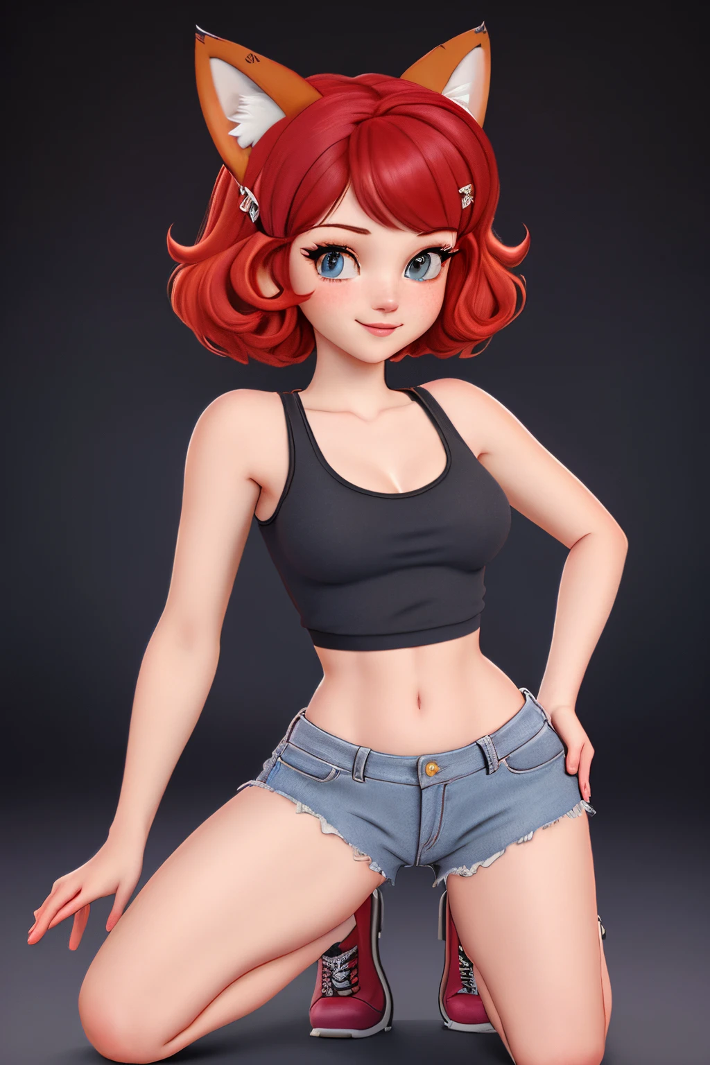 close up 1girl in, ager, Solo, vibrant red hair, straight red hair, short red hair, light gray eyes, some small freckles, pale skin, medium breasts, cleavage, runners body, (thin hips, thin waist: 1.25), (arched back:1.12), detailed skin, neutral face, mischievous smile, revealing clothes, (wearing cropped tank top, blue jean shorts ripped, hair clip: 1.1), looking at viewer, (goofing off, kneeling: 1.22), (dark fox ears:1.25), (detailed relaxing living room background:1.1), on a couch, relaxing, 4k textures, soft light, elegant, highly detailed, sharp focus, soothing tones, insane details, intricate details, hyperdetailed, low contrast, exposure blend, hdr, faded