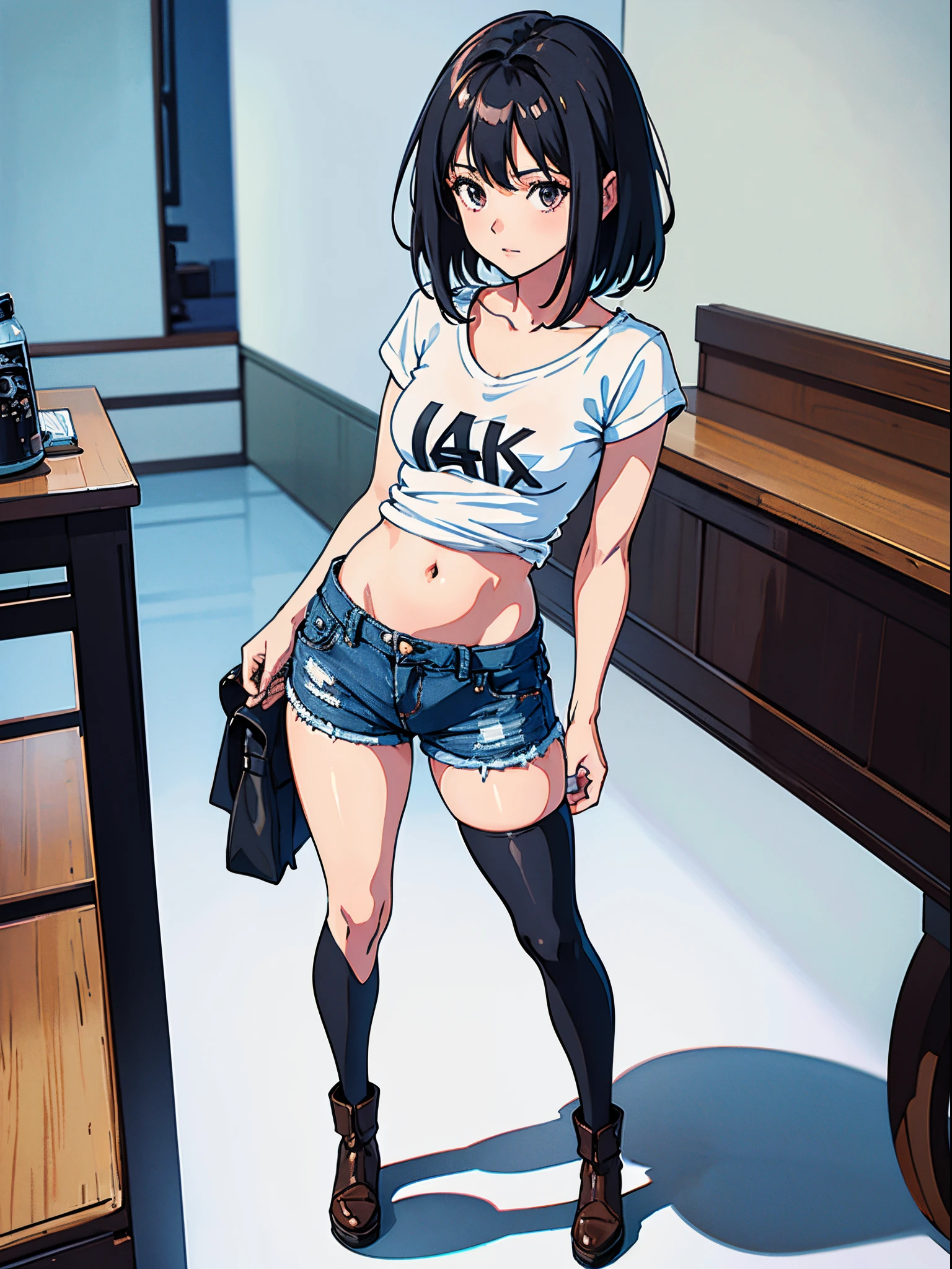 A girl wearing denim hot pants and brown tattered short-sleeves，He wears black stockings on his legs，Exposing the abdomen，The figure is good，The head is not exposed，[ 4K realism ]!!, [ 4K realism ]!!!, [ 4K digital art ]!!, Realistic shadow perfect body, realisticlying!!!!!!! art-style, photorealistic anime, by Shitao, Popular topics on cgstation, Casual pose, realistic anime 3D style