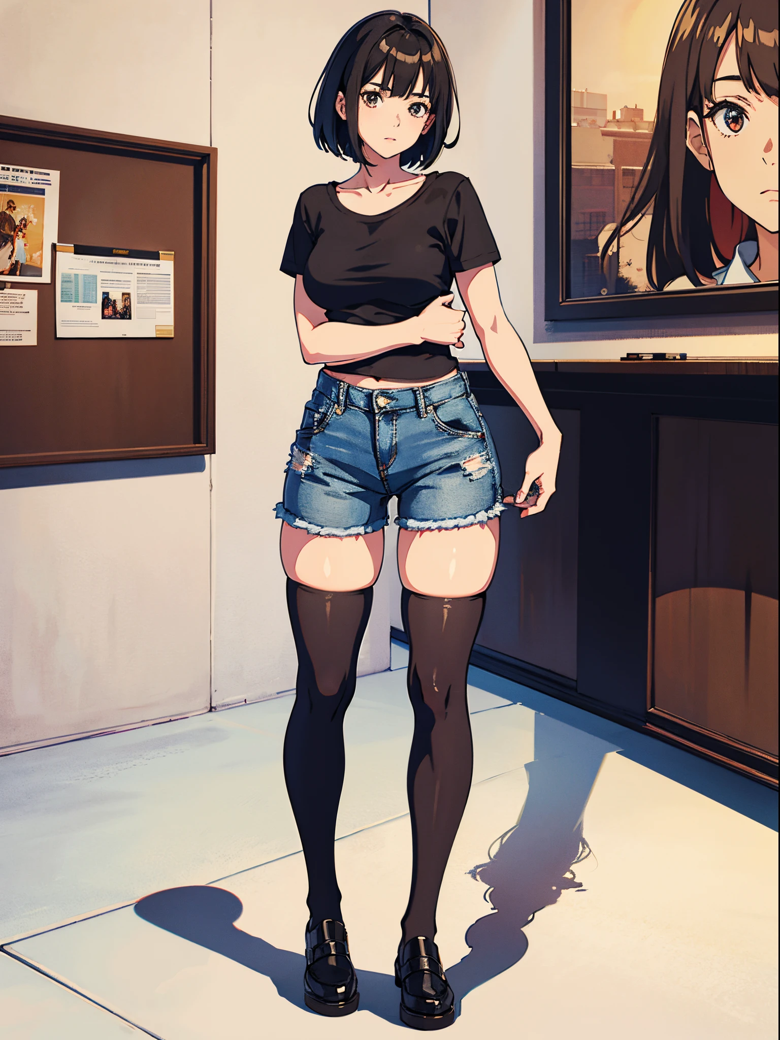 A girl wearing denim hot pants and brown tattered short-sleeves，He wears black stockings on his legs，Exposing the abdomen，The figure is good，The head is not exposed，[ 4K realism ]!!, [ 4K realism ]!!!, [ 4K digital art ]!!, Realistic shadow perfect body, realisticlying!!!!!!! art-style, photorealistic anime, by Shitao, Popular topics on cgstation, Casual pose, realistic anime 3D style